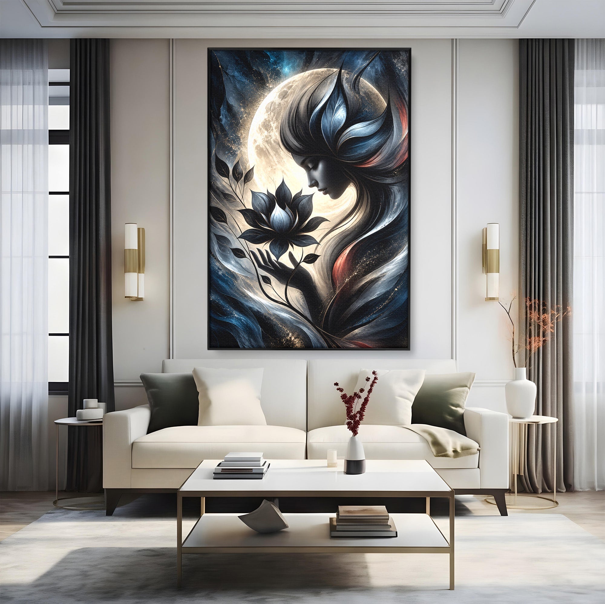 Tablou Canvas Premium LuxCanva® U1237, Misterul Zeitei Nocturne, Luna, Femeie, Noapte, Zeita, Dormitor, Culori Vibrante