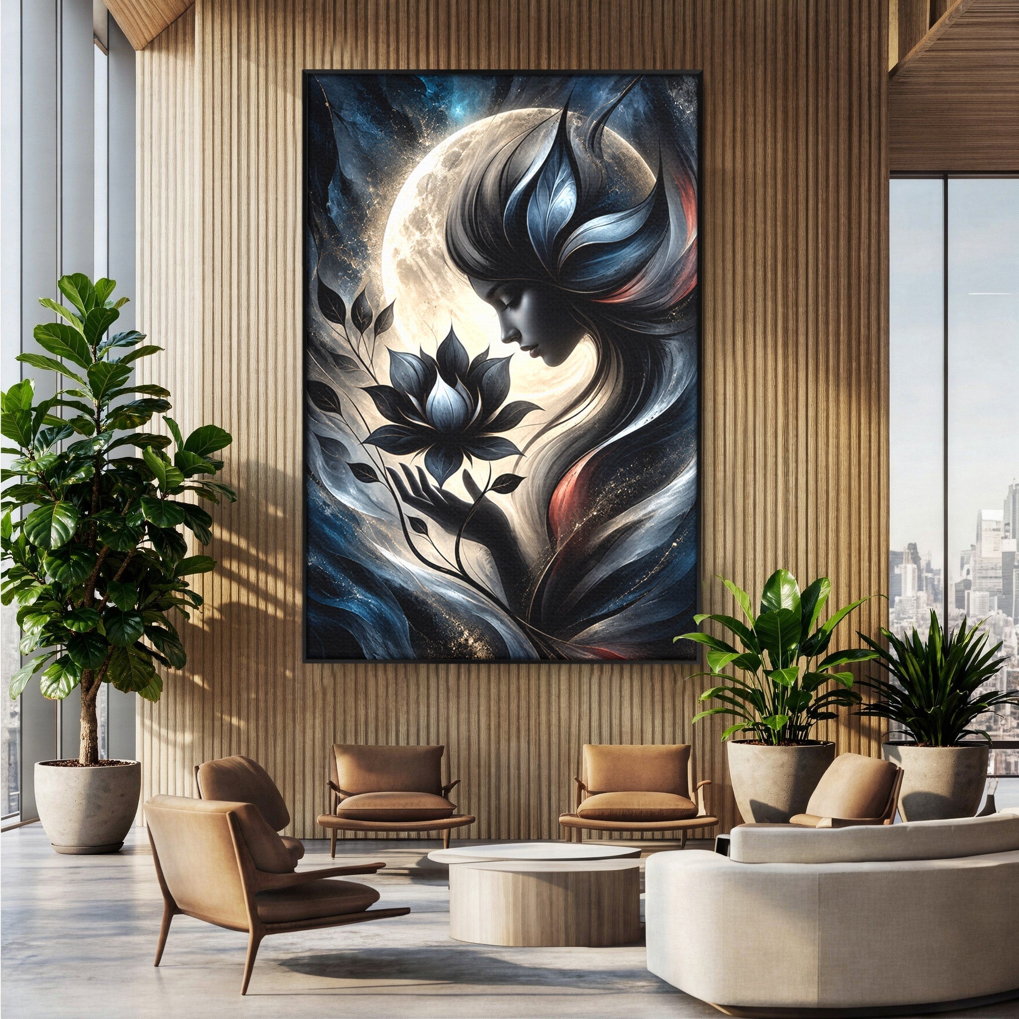 Tablou Canvas Premium LuxCanva® U1237, Misterul Zeitei Nocturne, Luna, Femeie, Noapte, Zeita, Dormitor, Culori Vibrante