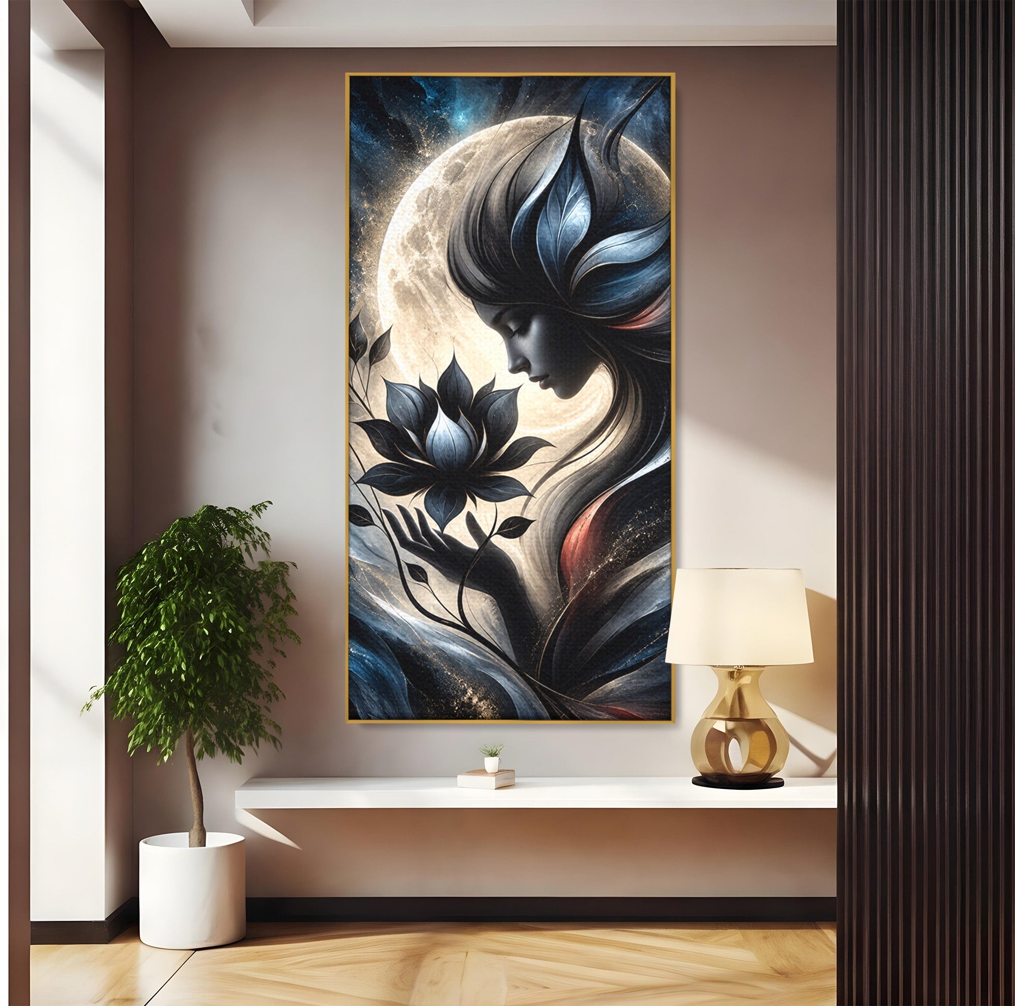 Tablou Canvas Premium LuxCanva® U1237, Misterul Zeitei Nocturne, Luna, Femeie, Noapte, Zeita, Dormitor, Culori Vibrante