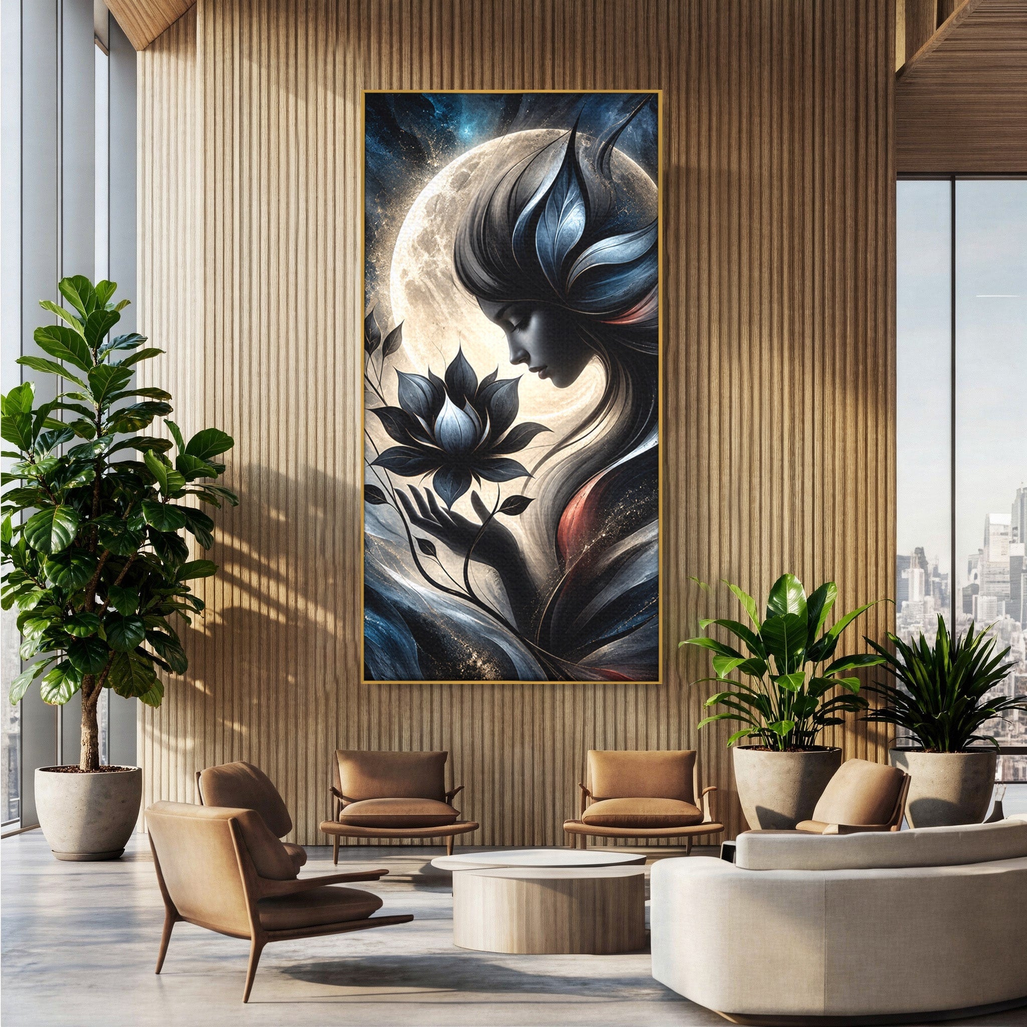Tablou Canvas Premium LuxCanva® U1237, Misterul Zeitei Nocturne, Luna, Femeie, Noapte, Zeita, Dormitor, Culori Vibrante
