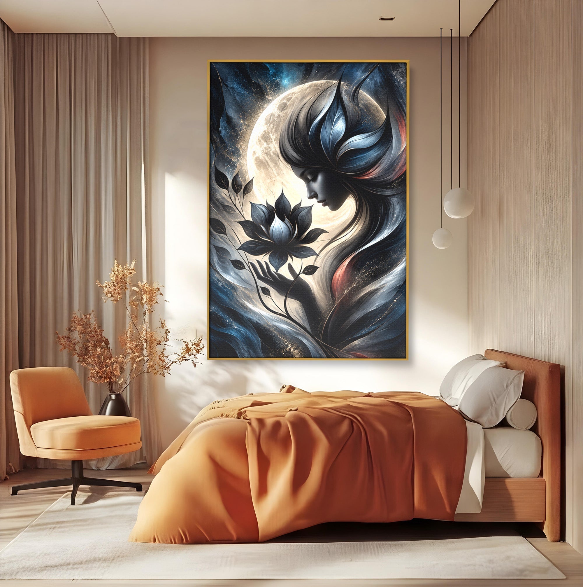 Tablou Canvas Premium LuxCanva® U1237, Misterul Zeitei Nocturne, Luna, Femeie, Noapte, Zeita, Dormitor, Culori Vibrante