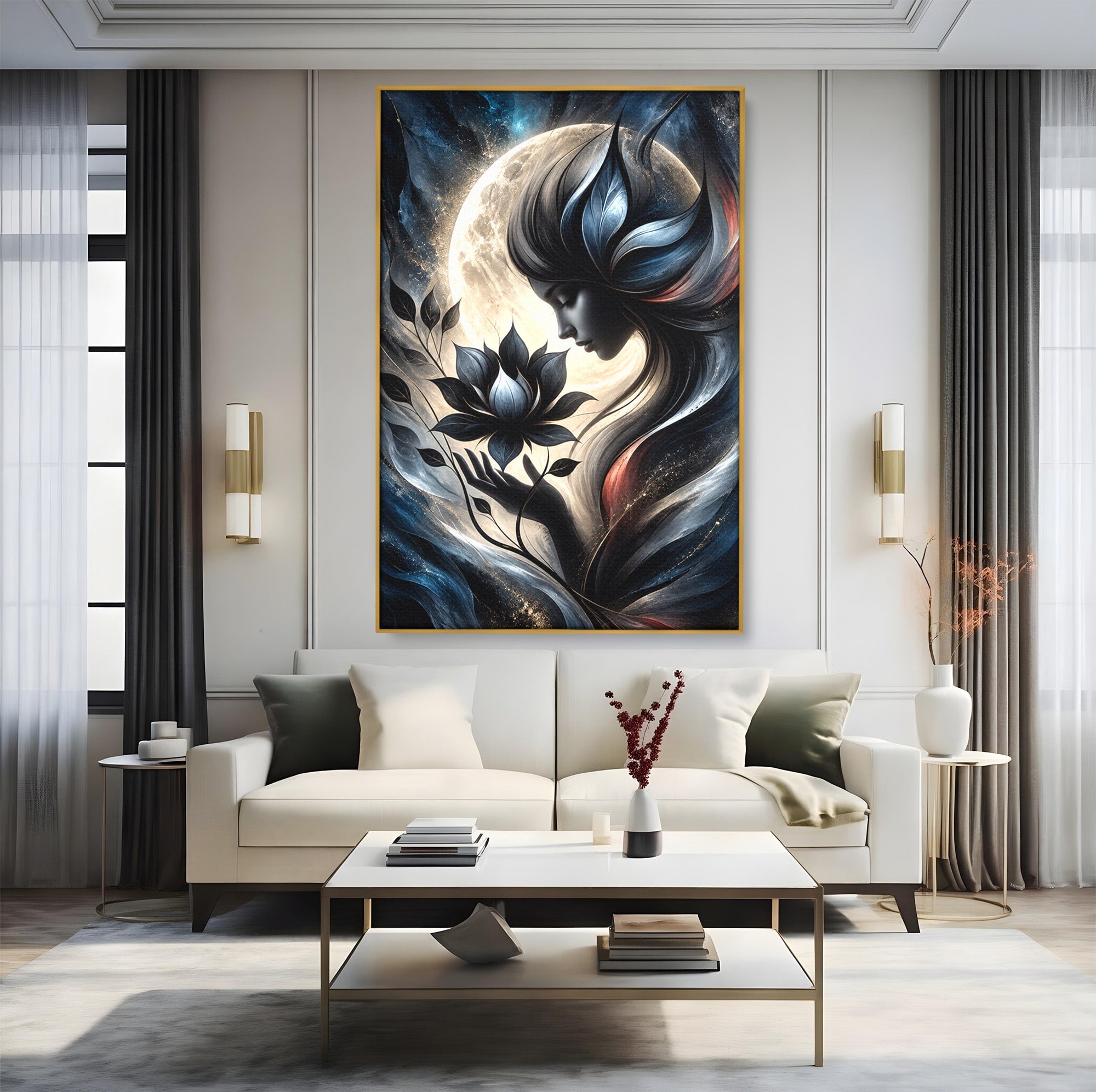 Tablou Canvas Premium LuxCanva® U1237, Misterul Zeitei Nocturne, Luna, Femeie, Noapte, Zeita, Dormitor, Culori Vibrante