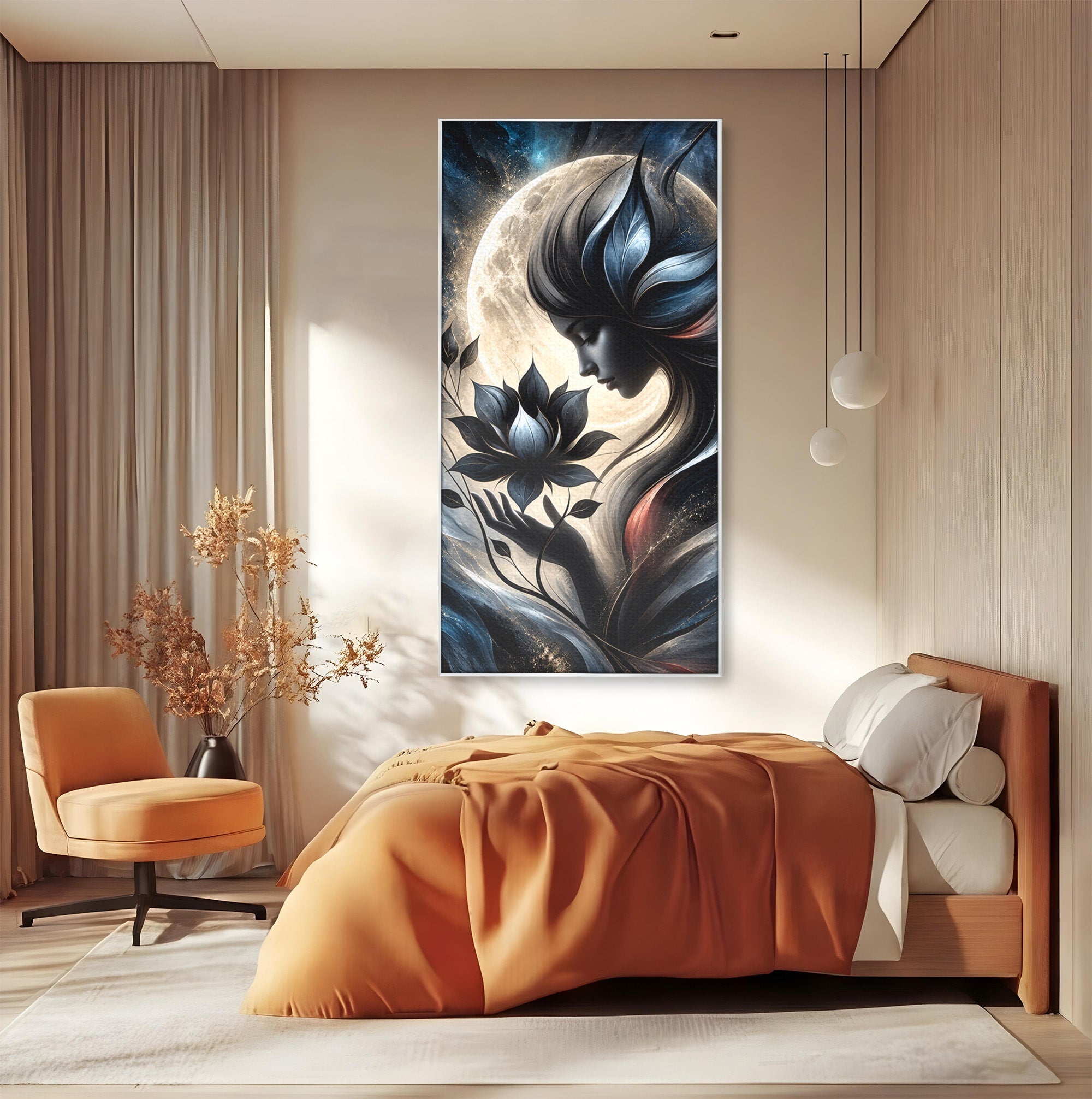 Tablou Canvas Premium LuxCanva® U1237, Misterul Zeitei Nocturne, Luna, Femeie, Noapte, Zeita, Dormitor, Culori Vibrante