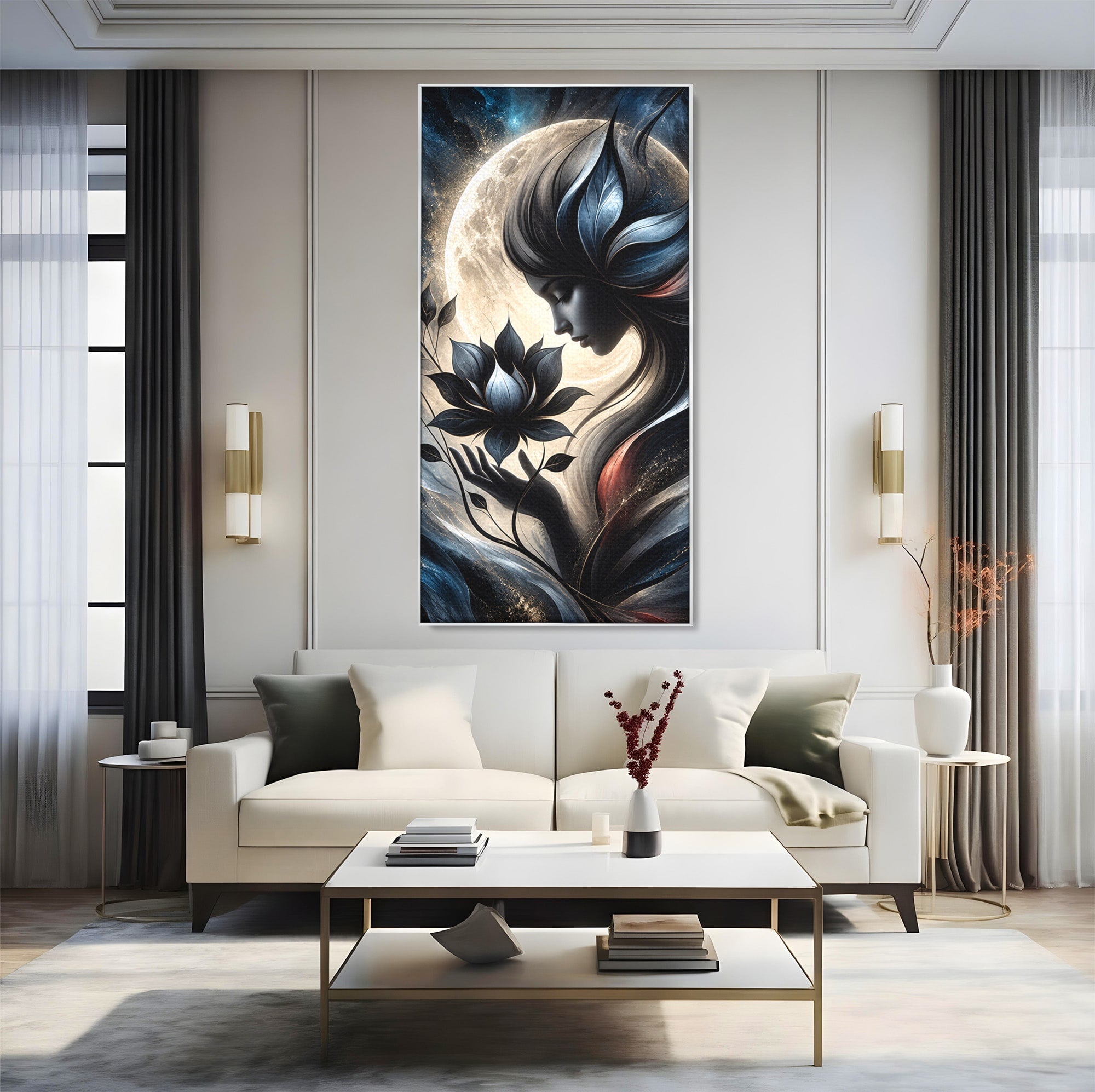 Tablou Canvas Premium LuxCanva® U1237, Misterul Zeitei Nocturne, Luna, Femeie, Noapte, Zeita, Dormitor, Culori Vibrante