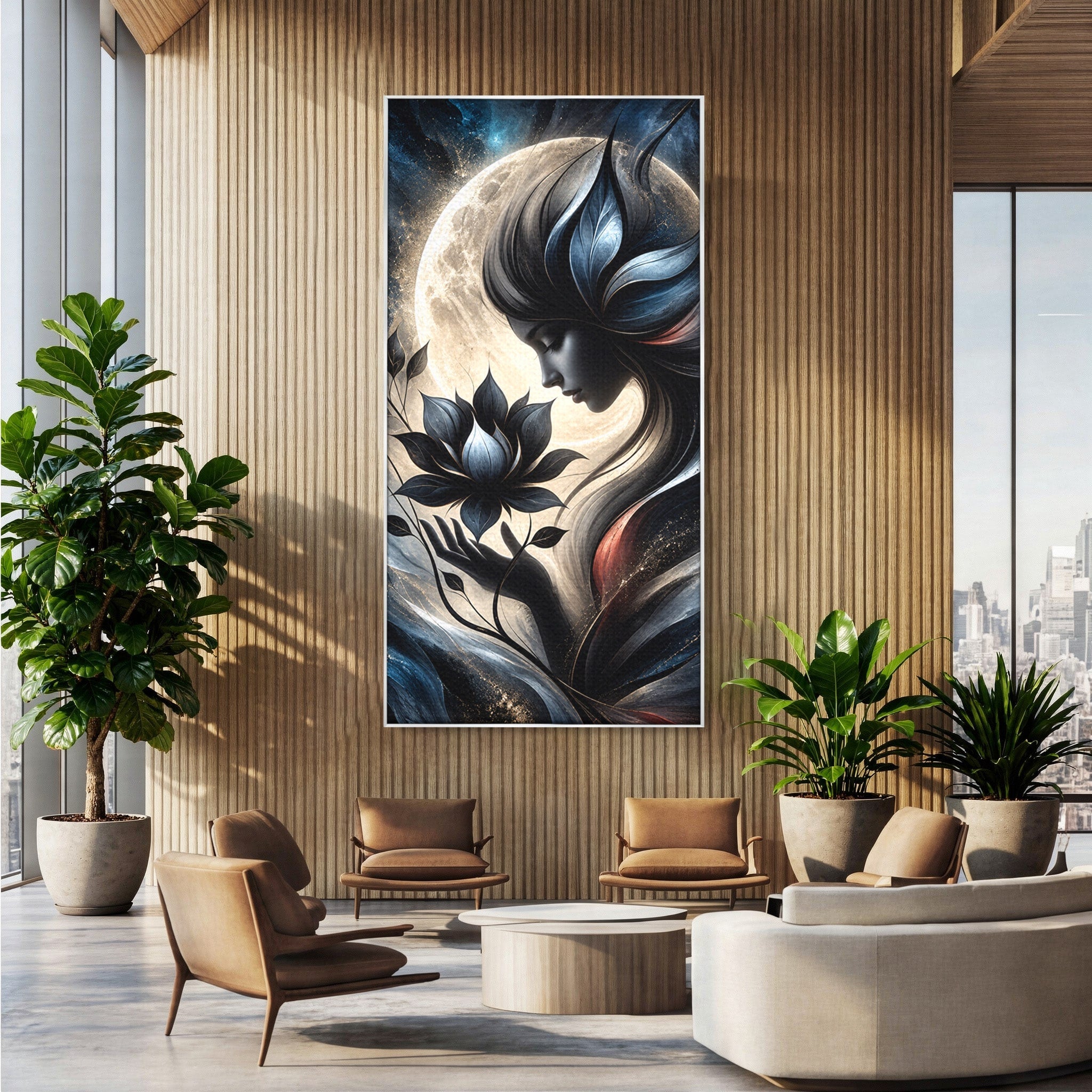 Tablou Canvas Premium LuxCanva® U1237, Misterul Zeitei Nocturne, Luna, Femeie, Noapte, Zeita, Dormitor, Culori Vibrante