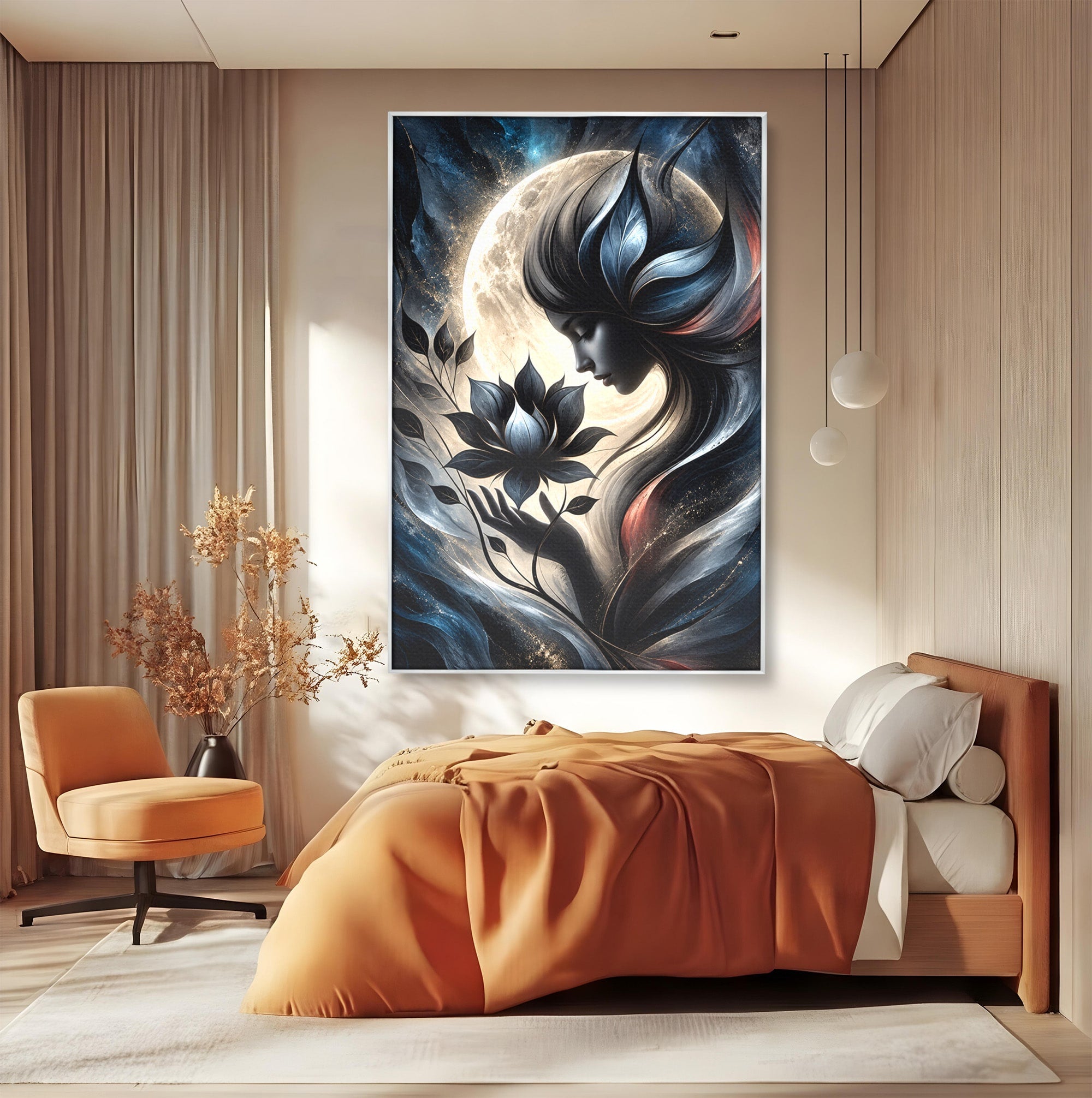 Tablou Canvas Premium LuxCanva® U1237, Misterul Zeitei Nocturne, Luna, Femeie, Noapte, Zeita, Dormitor, Culori Vibrante
