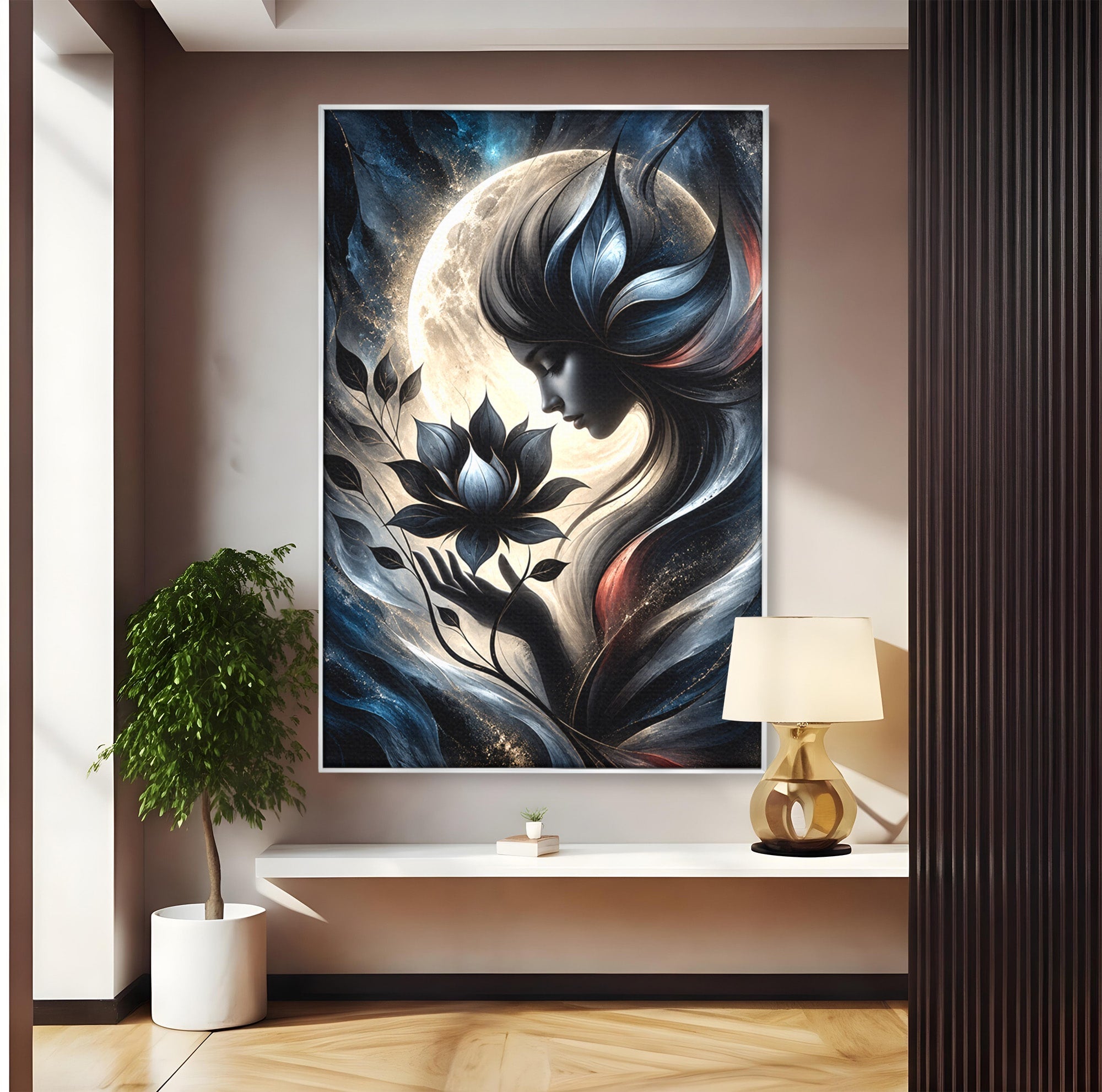 Tablou Canvas Premium LuxCanva® U1237, Misterul Zeitei Nocturne, Luna, Femeie, Noapte, Zeita, Dormitor, Culori Vibrante