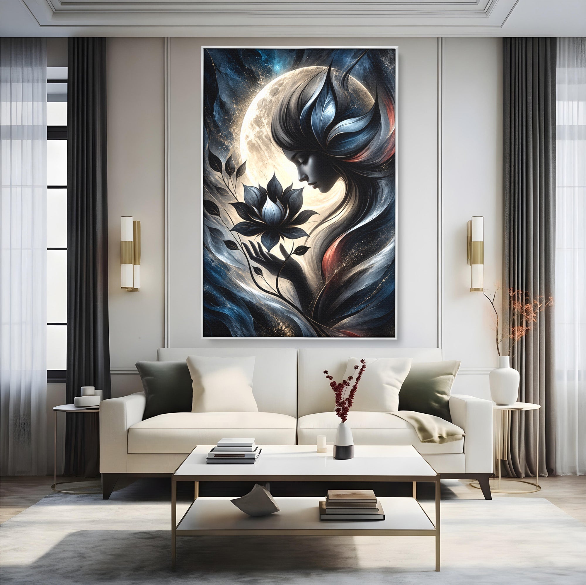 Tablou Canvas Premium LuxCanva® U1237, Misterul Zeitei Nocturne, Luna, Femeie, Noapte, Zeita, Dormitor, Culori Vibrante