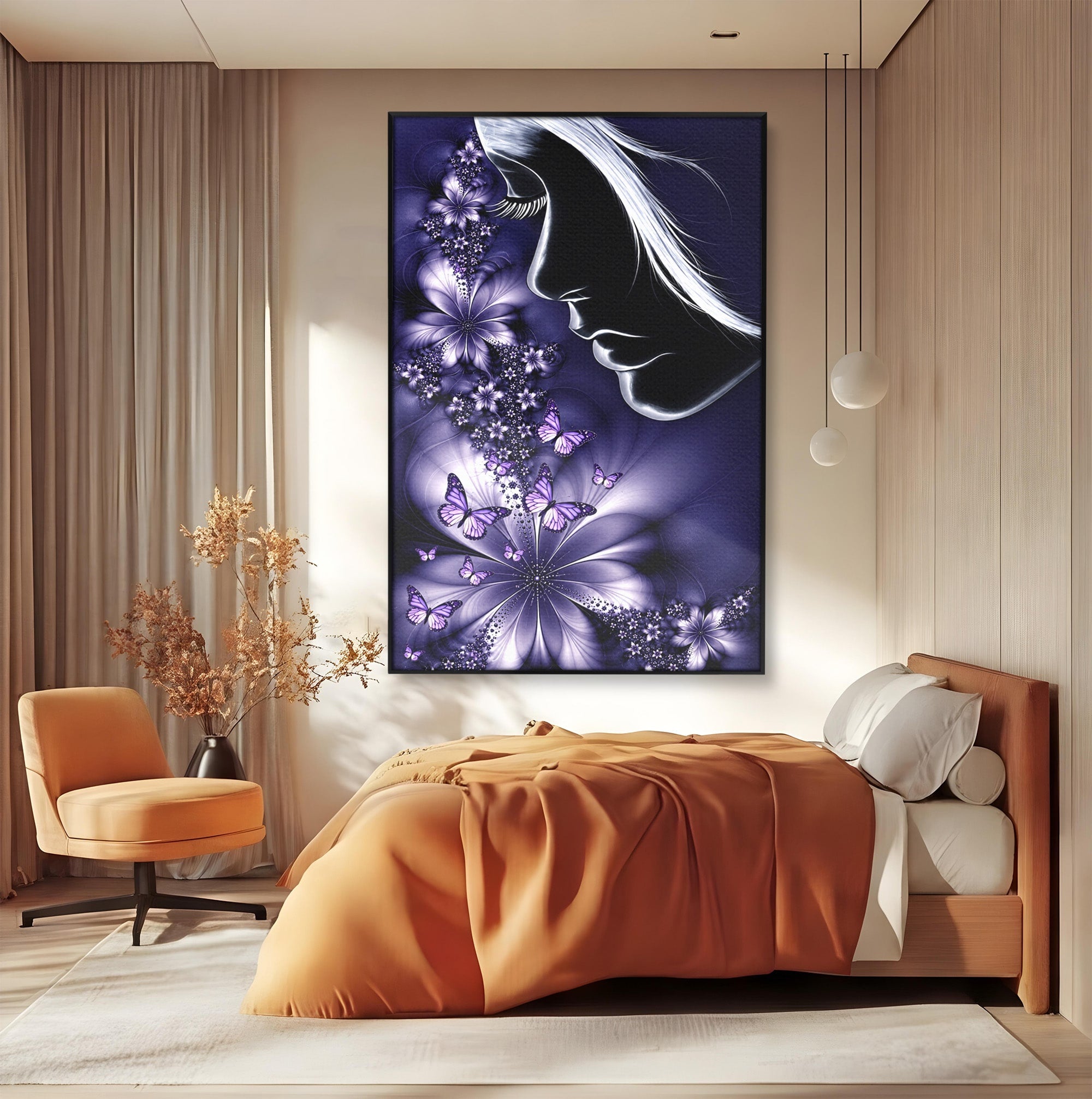 Tablou Canvas Premium LuxCanva® U1238, Fata Si Fluturii, Arta Abstracta, Fata, Fluturi, Dormitor, Visare, Culori Vibrante
