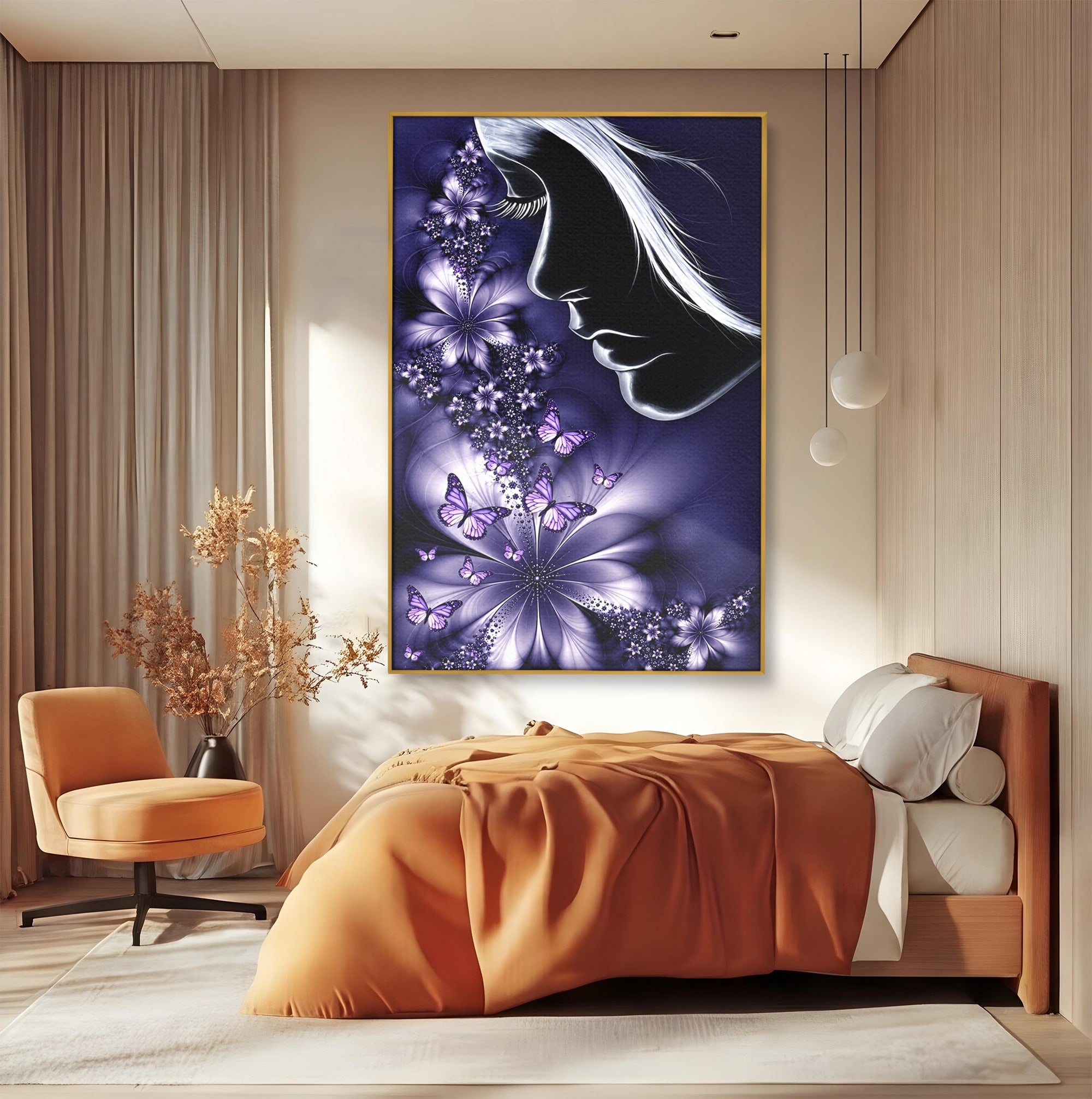 Tablou Canvas Premium LuxCanva® U1238, Fata Si Fluturii, Arta Abstracta, Fata, Fluturi, Dormitor, Visare, Culori Vibrante