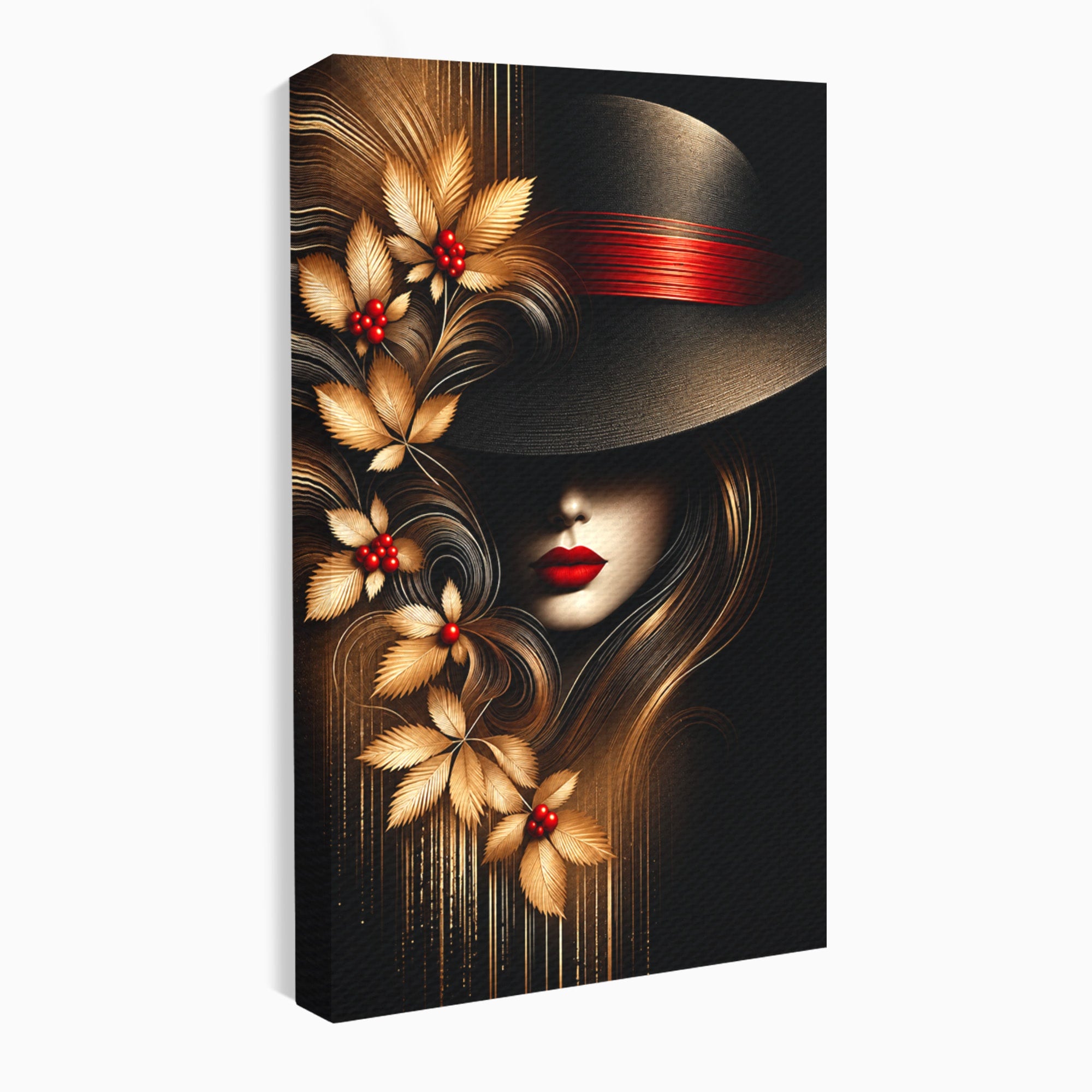 Tablou Canvas Premium LuxCanva® U1239, Femeie Misterioasa Cu Palarie, Portret, Eleganta, Moda, Femeie, Birou, Culori Vibrante