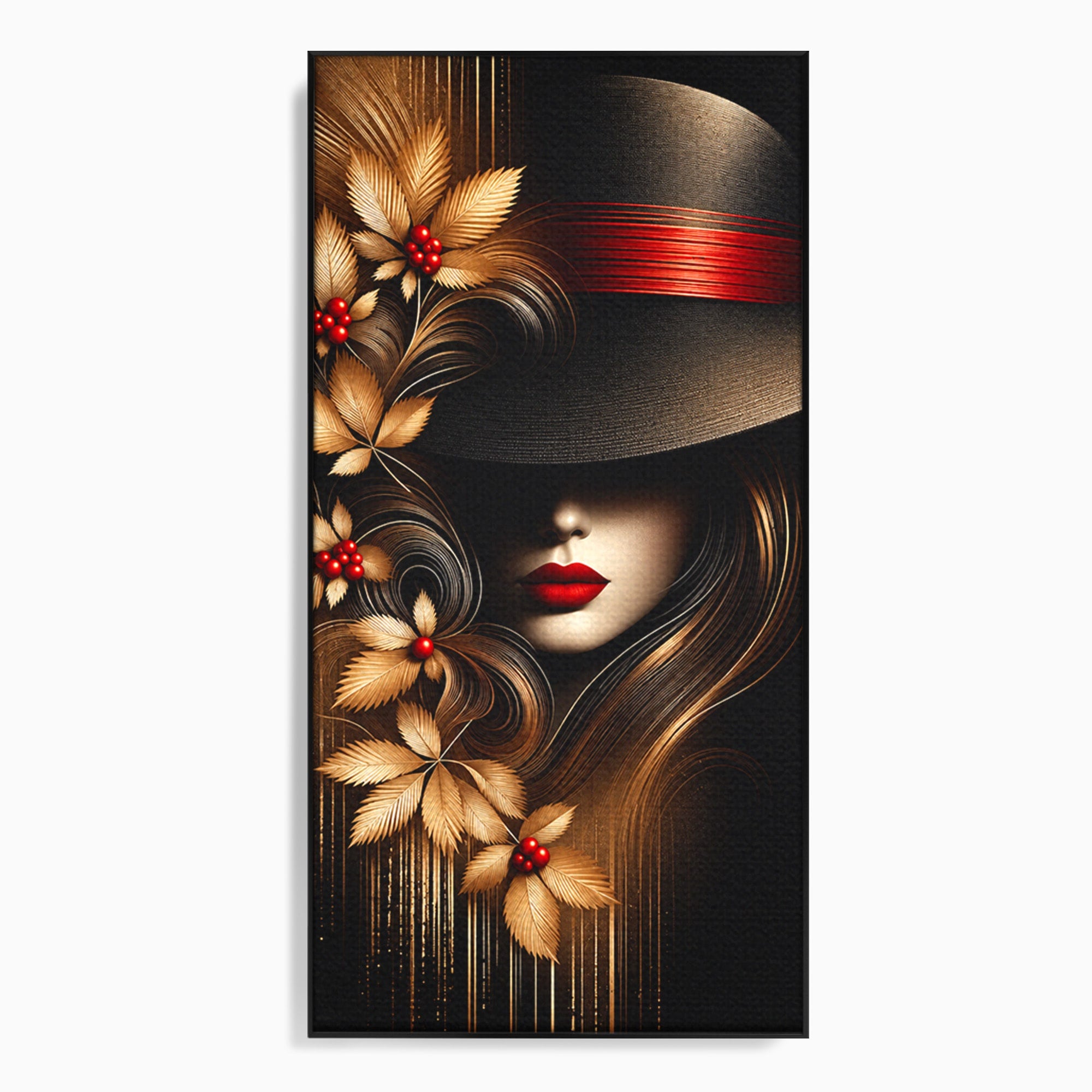 Tablou Canvas Premium LuxCanva® U1239, Femeie Misterioasa Cu Palarie, Portret, Eleganta, Moda, Femeie, Birou, Culori Vibrante