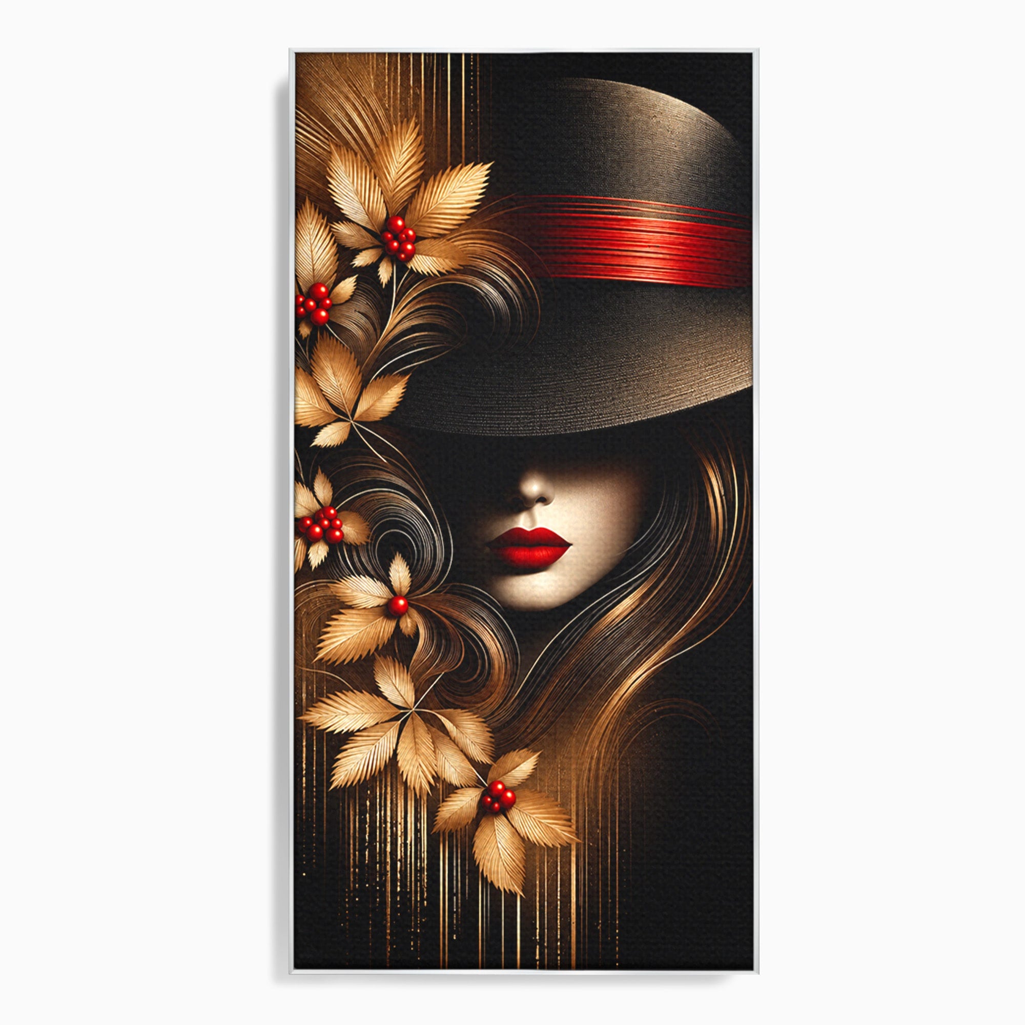 Tablou Canvas Premium LuxCanva® U1239, Femeie Misterioasa Cu Palarie, Portret, Eleganta, Moda, Femeie, Birou, Culori Vibrante