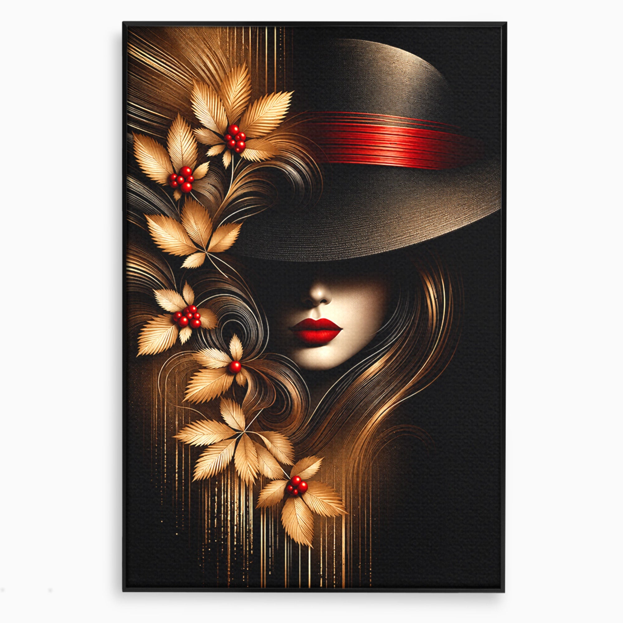 Tablou Canvas Premium LuxCanva® U1239, Femeie Misterioasa Cu Palarie, Portret, Eleganta, Moda, Femeie, Birou, Culori Vibrante