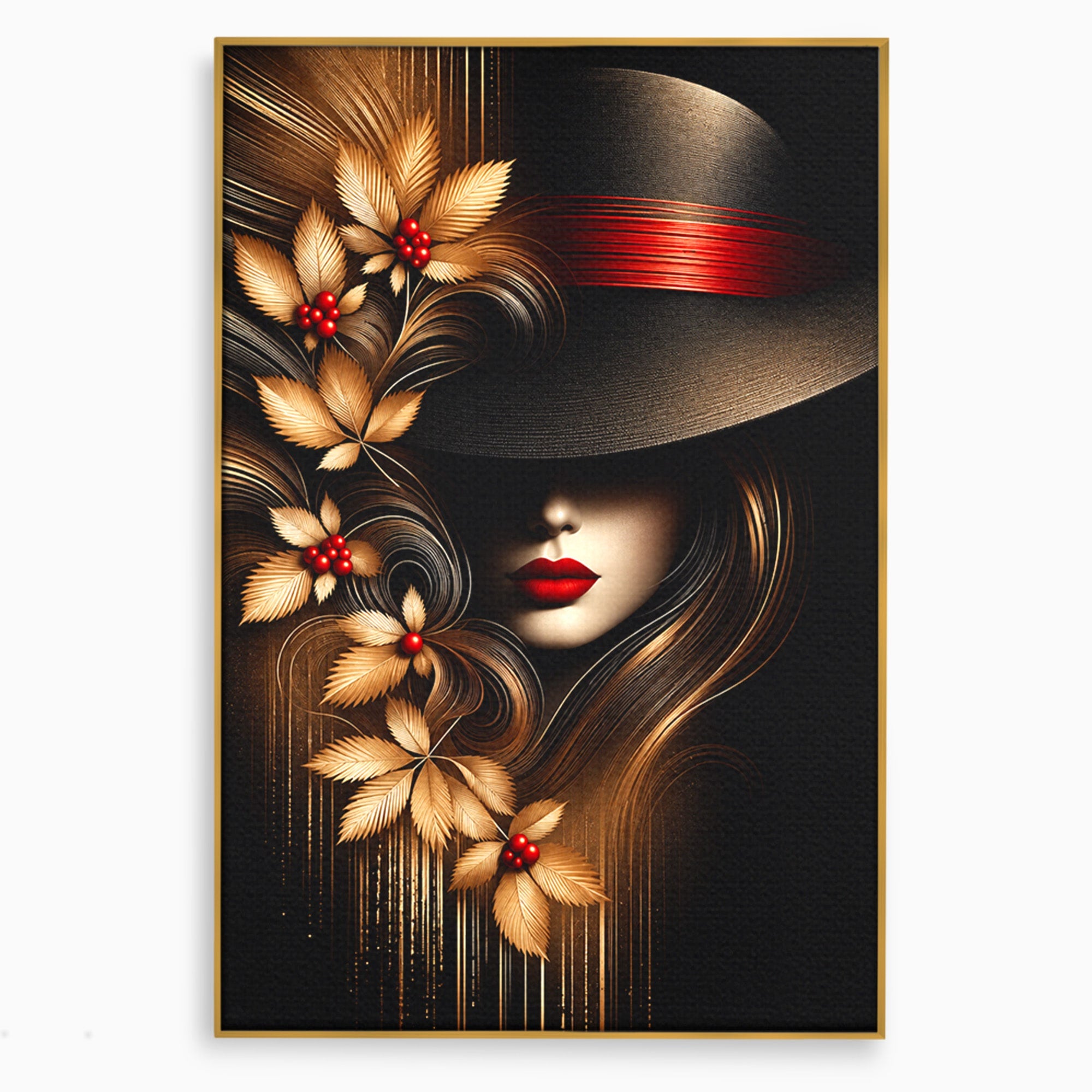 Tablou Canvas Premium LuxCanva® U1239, Femeie Misterioasa Cu Palarie, Portret, Eleganta, Moda, Femeie, Birou, Culori Vibrante