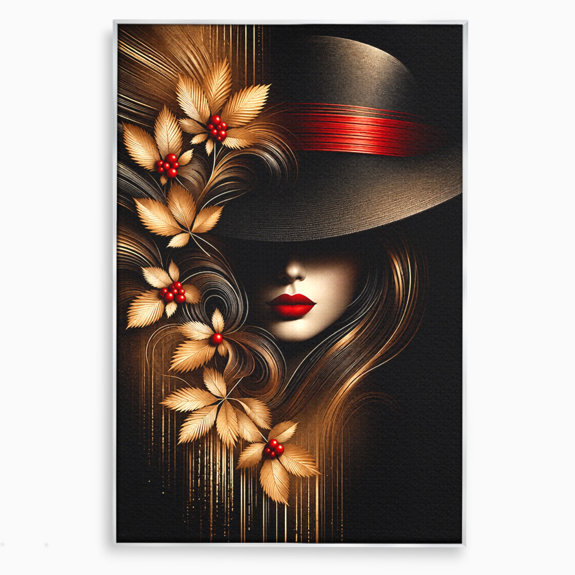 Tablou Canvas Premium LuxCanva® U1239, Femeie Misterioasa Cu Palarie, Portret, Eleganta, Moda, Femeie, Birou, Culori Vibrante