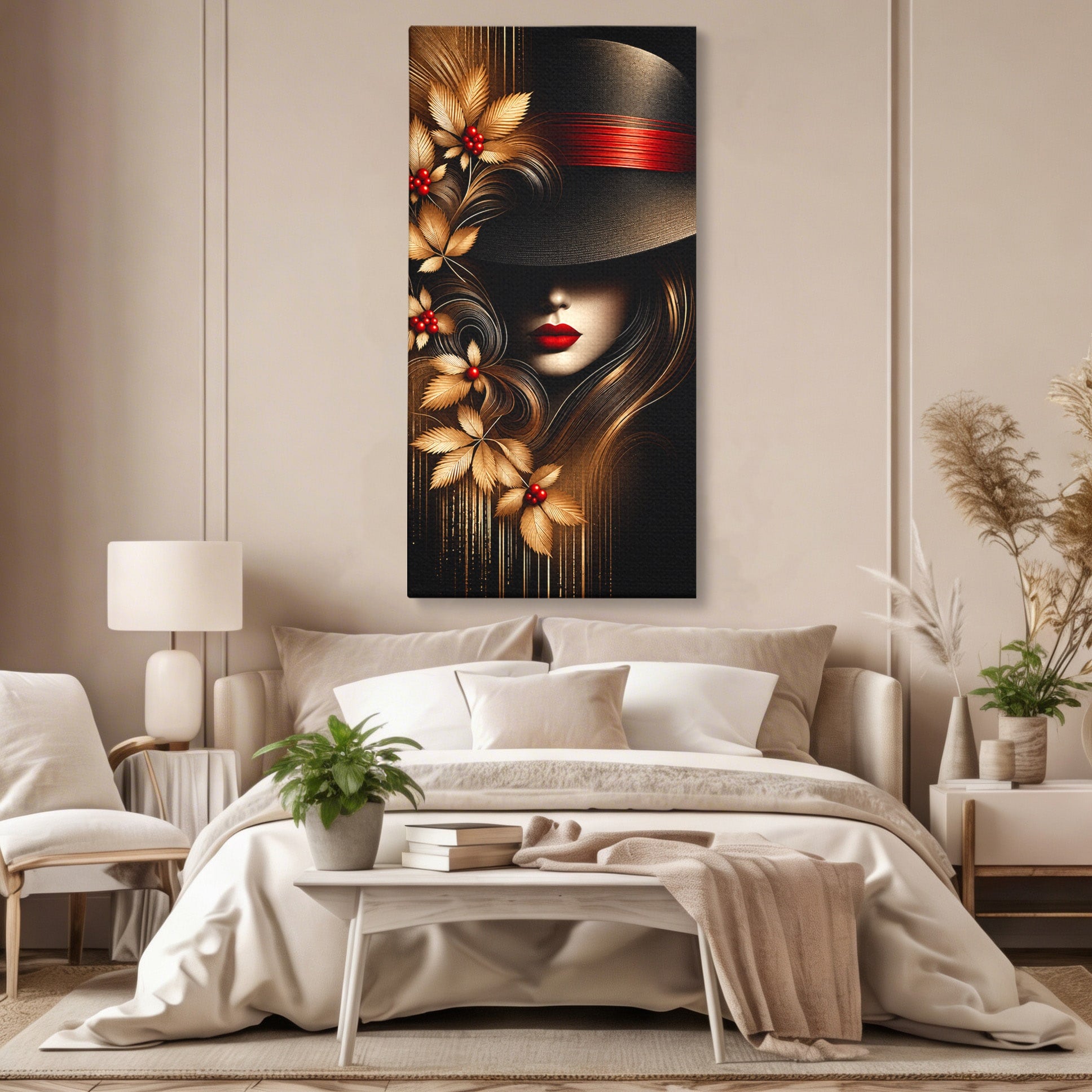 Tablou Canvas Premium LuxCanva® U1239, Femeie Misterioasa Cu Palarie, Portret, Eleganta, Moda, Femeie, Birou, Culori Vibrante