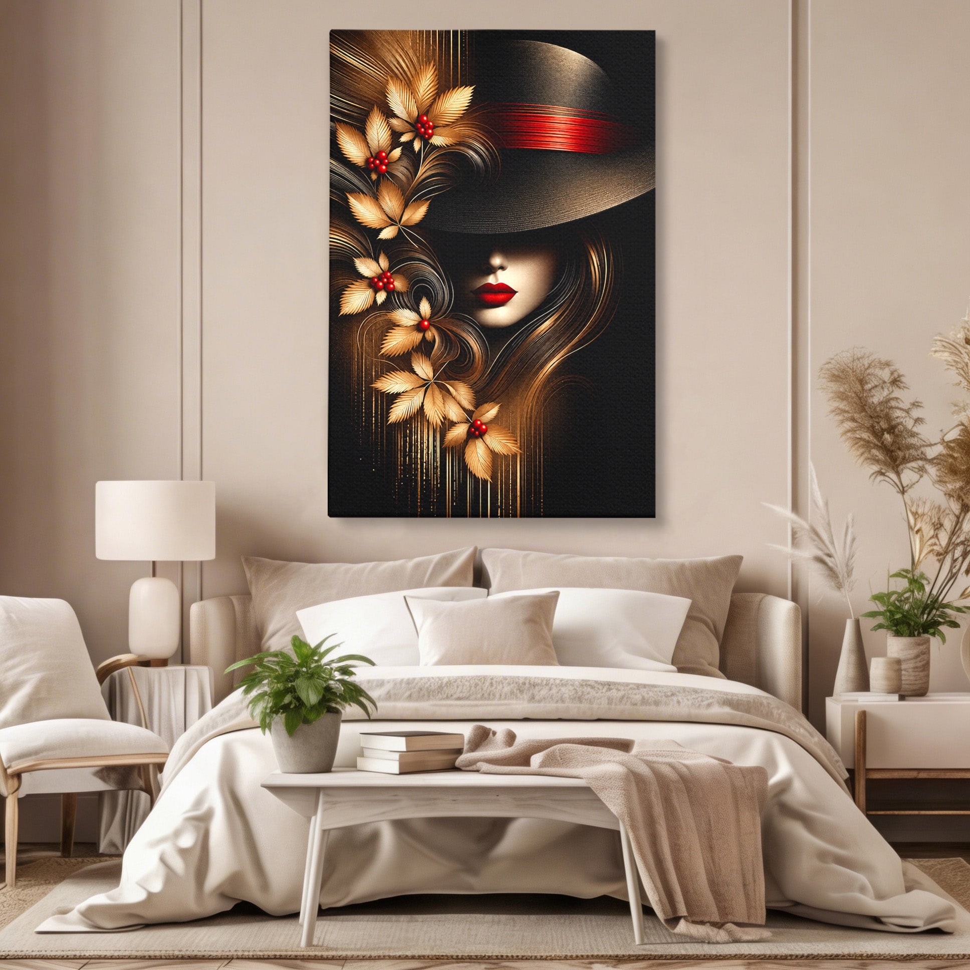 Tablou Canvas Premium LuxCanva® U1239, Femeie Misterioasa Cu Palarie, Portret, Eleganta, Moda, Femeie, Birou, Culori Vibrante