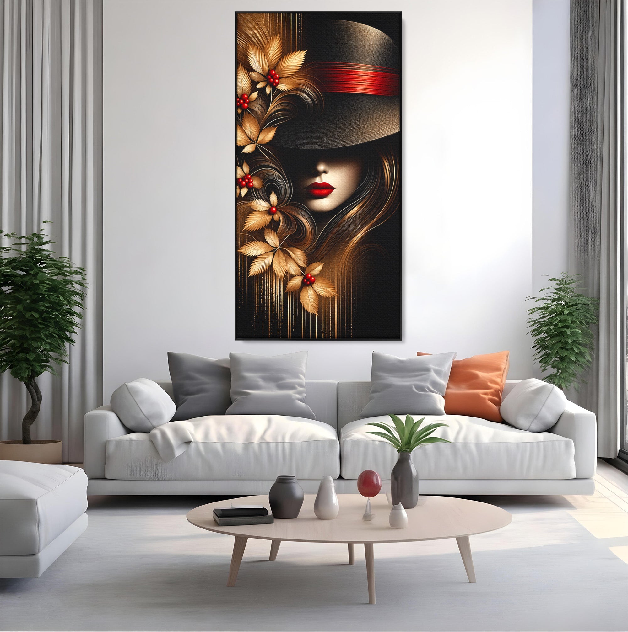 Tablou Canvas Premium LuxCanva® U1239, Femeie Misterioasa Cu Palarie, Portret, Eleganta, Moda, Femeie, Birou, Culori Vibrante