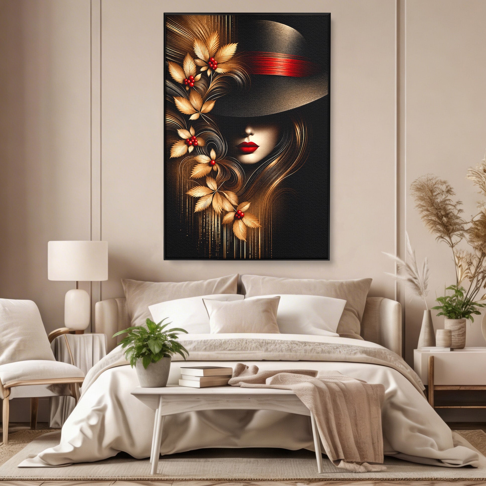 Tablou Canvas Premium LuxCanva® U1239, Femeie Misterioasa Cu Palarie, Portret, Eleganta, Moda, Femeie, Birou, Culori Vibrante