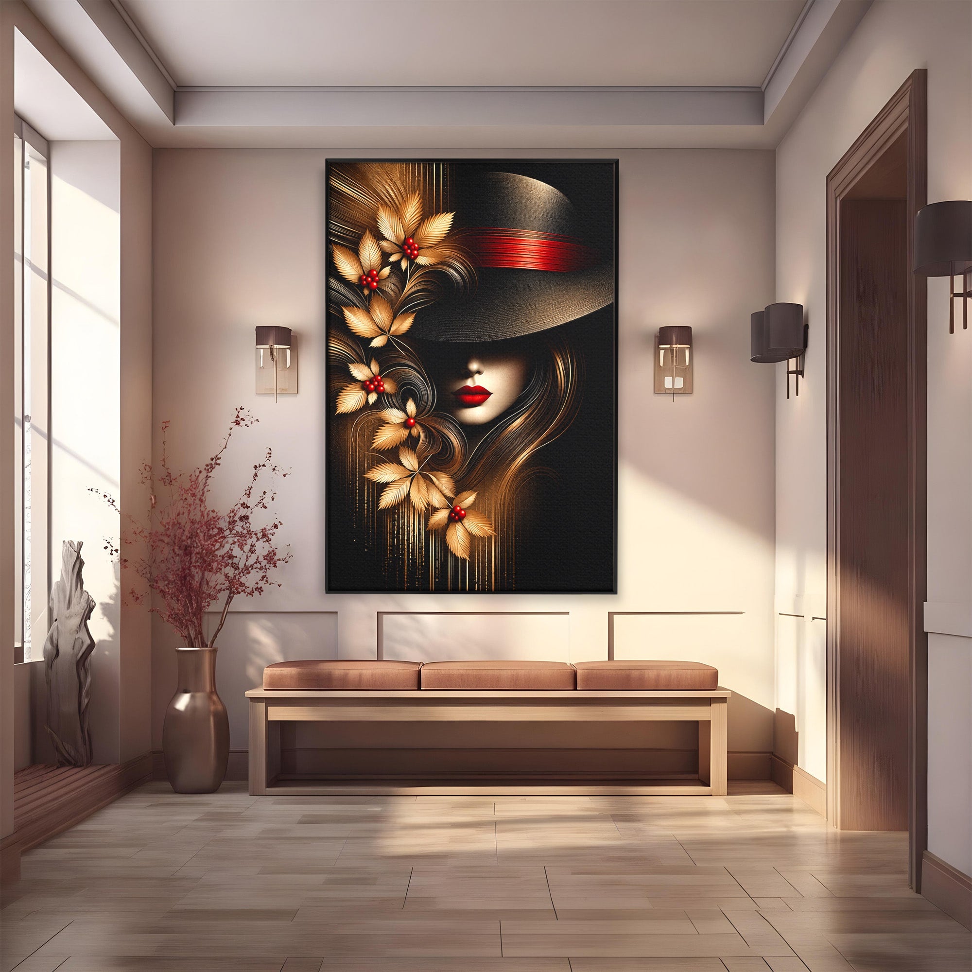 Tablou Canvas Premium LuxCanva® U1239, Femeie Misterioasa Cu Palarie, Portret, Eleganta, Moda, Femeie, Birou, Culori Vibrante