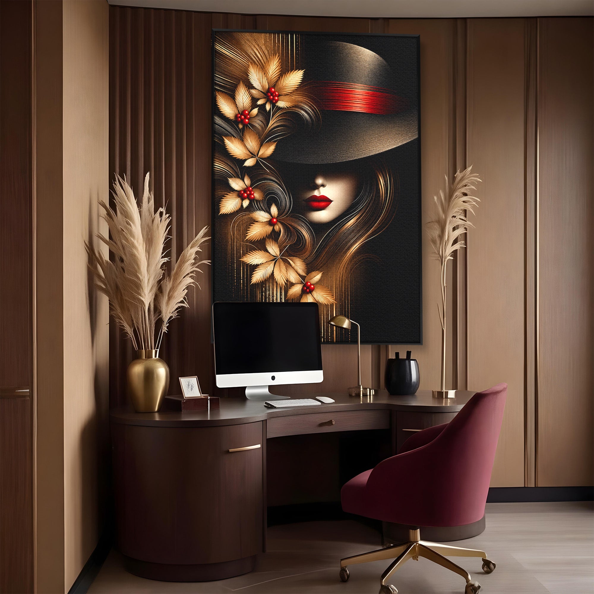 Tablou Canvas Premium LuxCanva® U1239, Femeie Misterioasa Cu Palarie, Portret, Eleganta, Moda, Femeie, Birou, Culori Vibrante