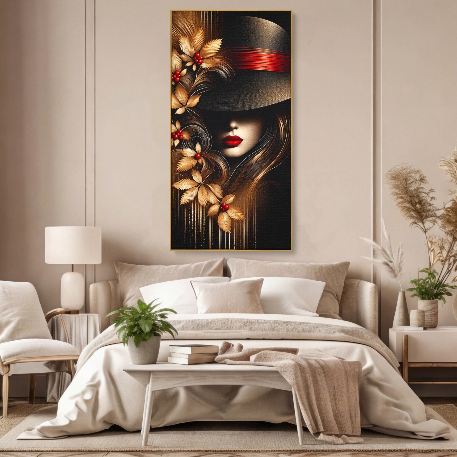 Tablou Canvas Premium LuxCanva® U1239, Femeie Misterioasa Cu Palarie, Portret, Eleganta, Moda, Femeie, Birou, Culori Vibrante