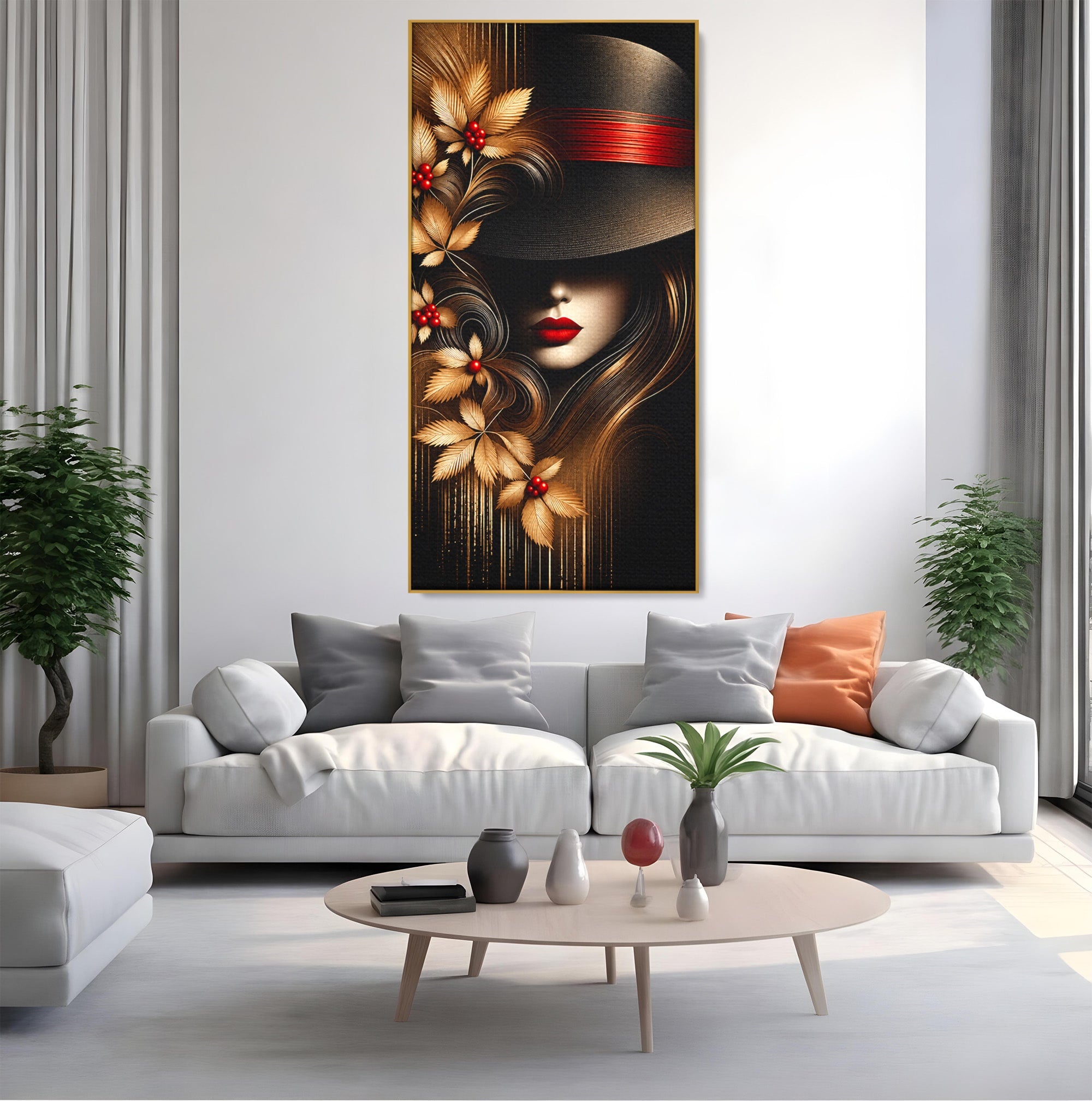 Tablou Canvas Premium LuxCanva® U1239, Femeie Misterioasa Cu Palarie, Portret, Eleganta, Moda, Femeie, Birou, Culori Vibrante