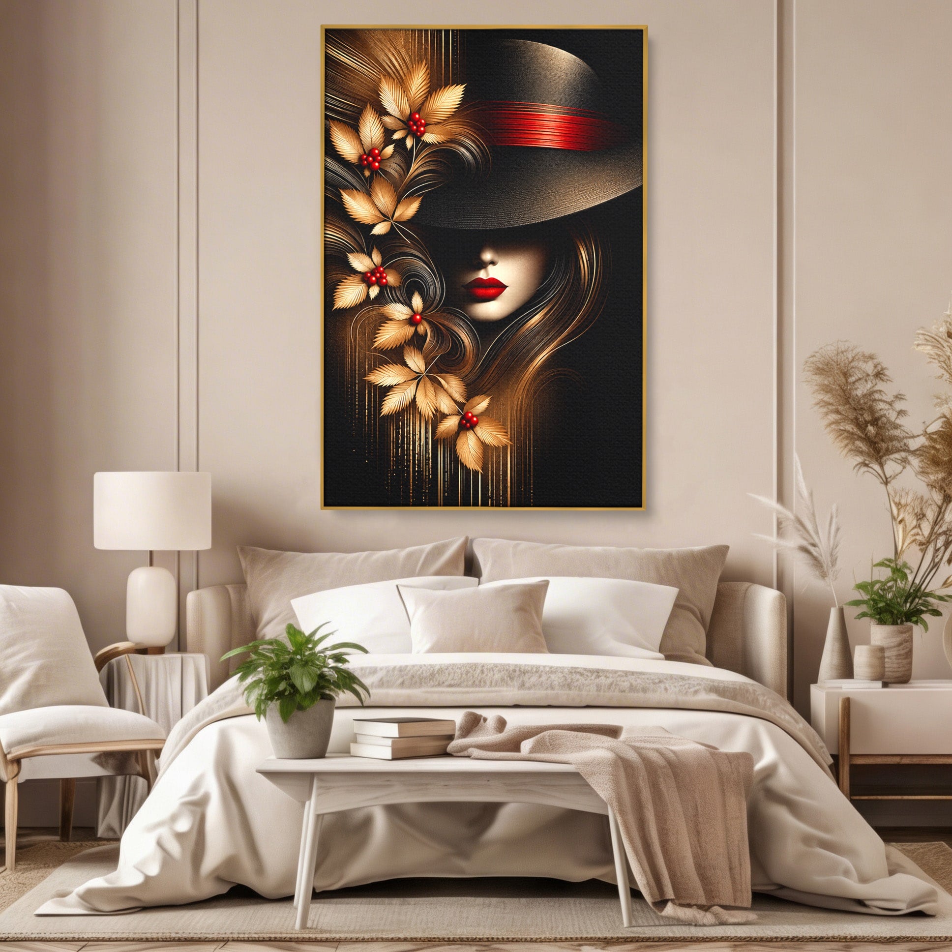 Tablou Canvas Premium LuxCanva® U1239, Femeie Misterioasa Cu Palarie, Portret, Eleganta, Moda, Femeie, Birou, Culori Vibrante