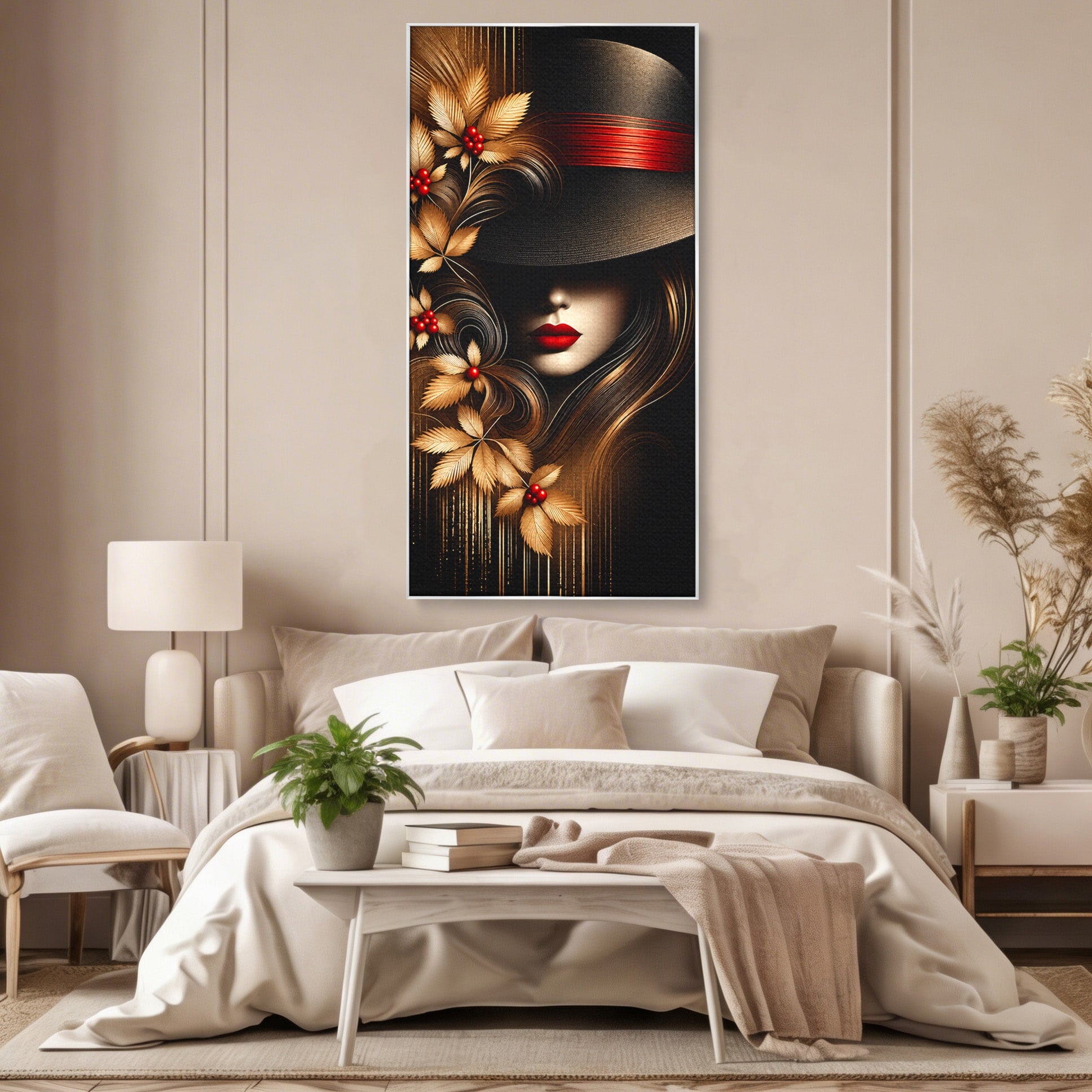 Tablou Canvas Premium LuxCanva® U1239, Femeie Misterioasa Cu Palarie, Portret, Eleganta, Moda, Femeie, Birou, Culori Vibrante