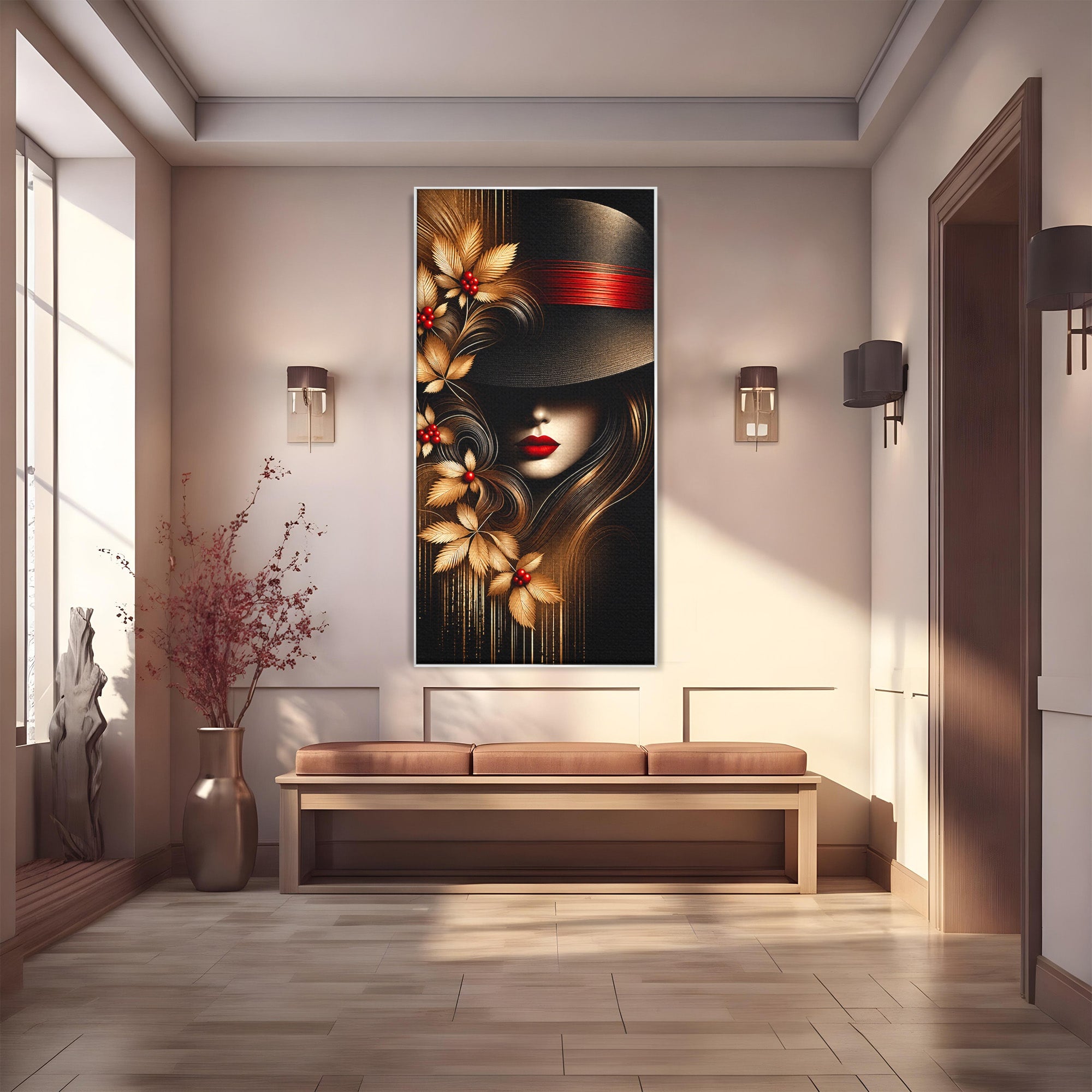 Tablou Canvas Premium LuxCanva® U1239, Femeie Misterioasa Cu Palarie, Portret, Eleganta, Moda, Femeie, Birou, Culori Vibrante