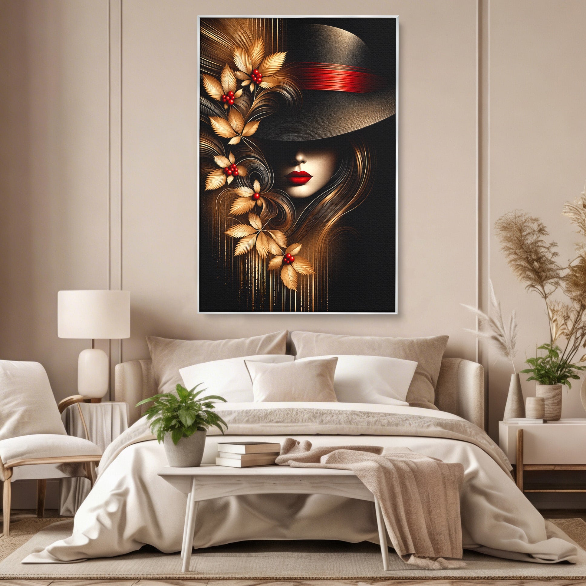 Tablou Canvas Premium LuxCanva® U1239, Femeie Misterioasa Cu Palarie, Portret, Eleganta, Moda, Femeie, Birou, Culori Vibrante