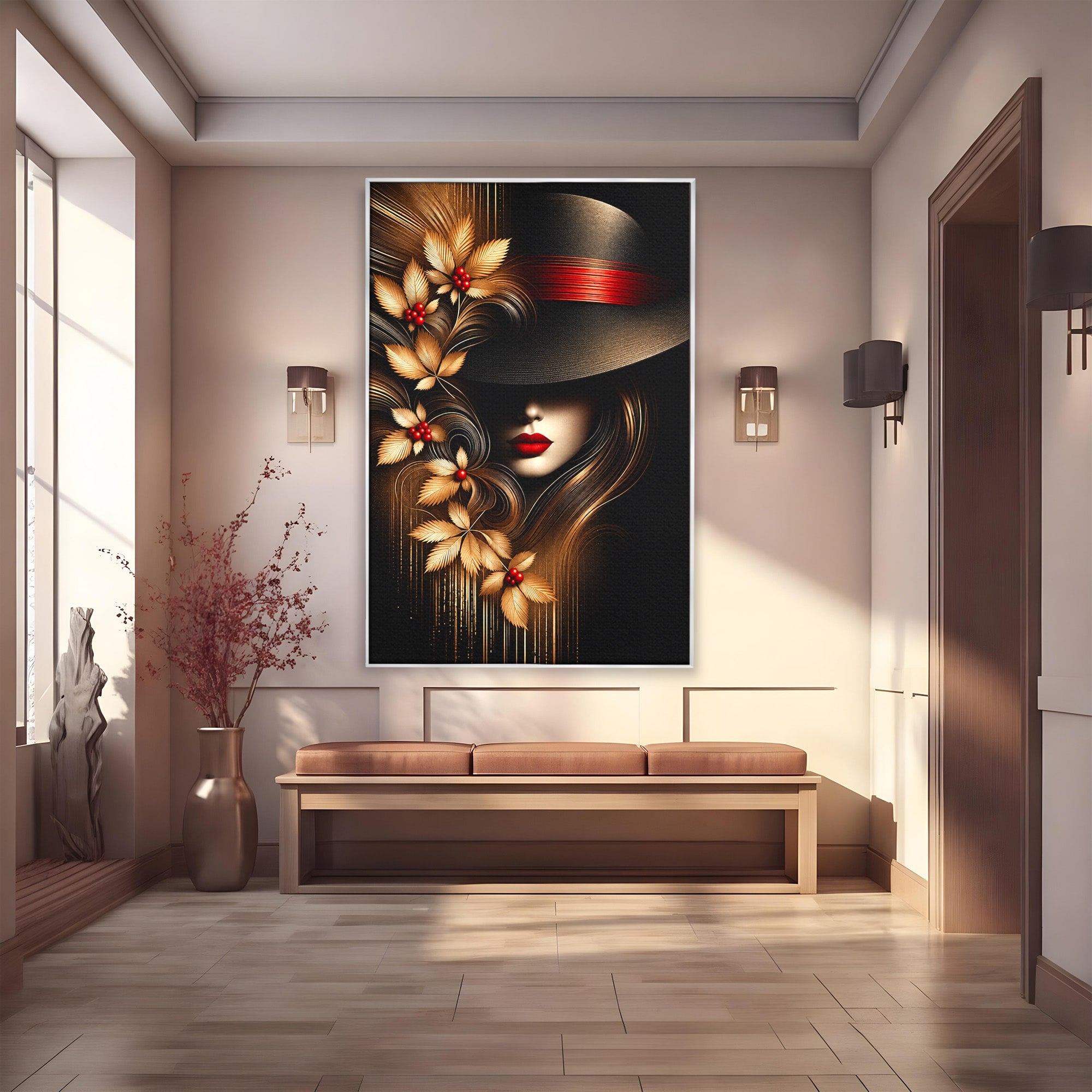 Tablou Canvas Premium LuxCanva® U1239, Femeie Misterioasa Cu Palarie, Portret, Eleganta, Moda, Femeie, Birou, Culori Vibrante
