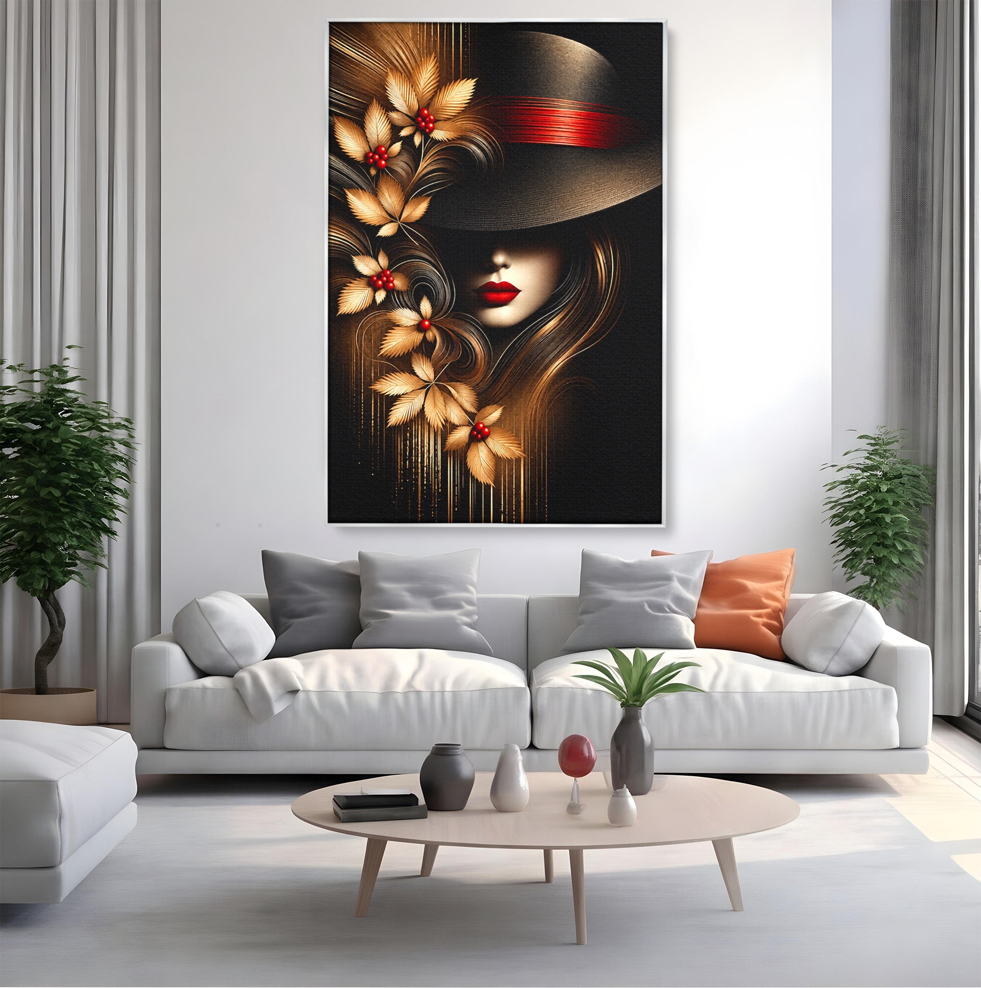 Tablou Canvas Premium LuxCanva® U1239, Femeie Misterioasa Cu Palarie, Portret, Eleganta, Moda, Femeie, Birou, Culori Vibrante