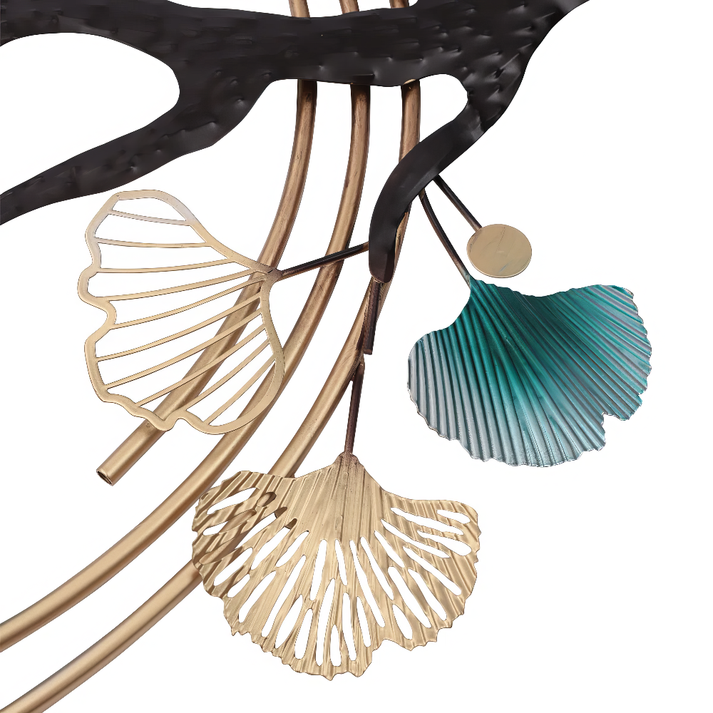 Decoratiune Metalica de Perete LuxCanva® Aurora Branch A0899, din Metal, Orizontala, Auriu, Verde, Negru, Dimensiune Mare 60 × 110 cm