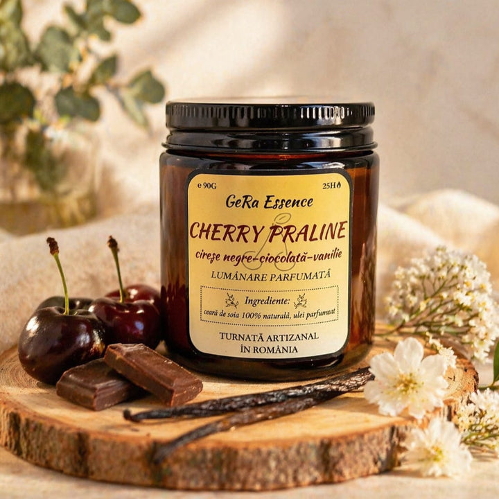Lumanare parfumata din soia, GeRa Essence, Cherry Praline - Cirese negre, vanilie, ciocolata, gourmand, handmade, ceara naturala, ardere 25h, 90 g