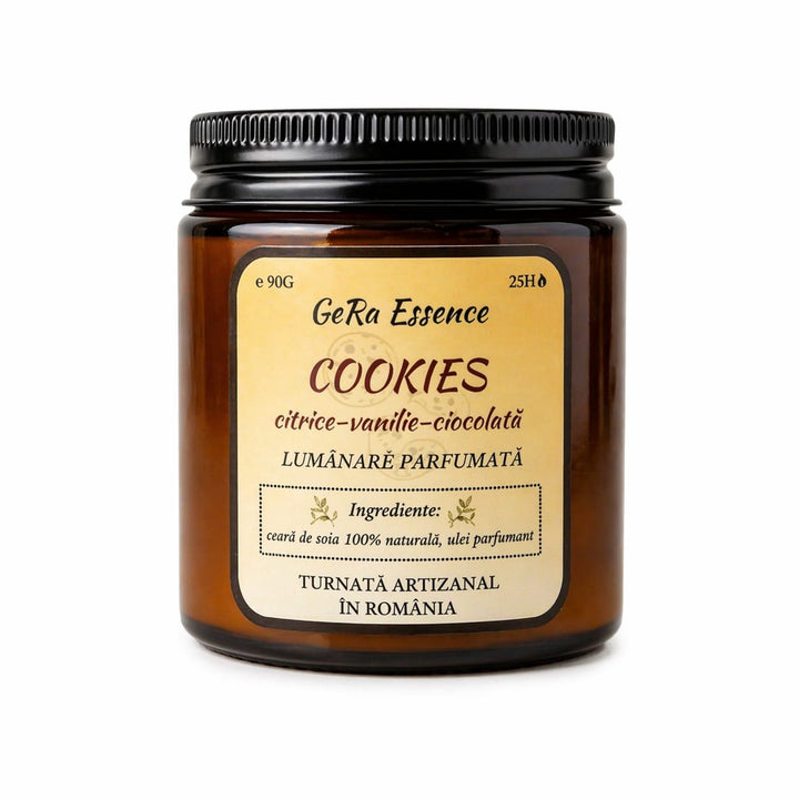 Lumanare parfumata din soia, GeRa Essence, Cookies - Citrice, ciocolata condimentata, vanilie, parfum dulce, gourmand, handmade, ceara naturala, ardere 25h, 90 g