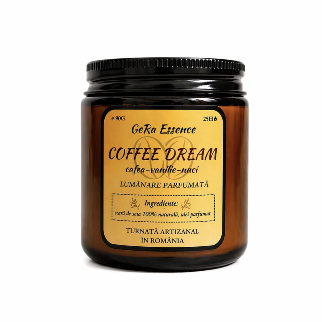 Lumanare parfumata din soia, GeRa Essence, Coffee Dream - Cafea prajita, vanilie, nuci, parfum cald, dulce, handmade, ceara naturala, ardere 25h, 90 g