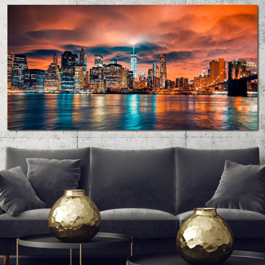 Tablou Canvas Premium, LuxCanva® O1004, Podul Brooklyn, New York, Noapte, Magie, Oras, Metropola, Energie, Vedere, Zbor, Zgarie-Nori, Elegant, Speranta, Lumini, Living, Dormitor, Birou