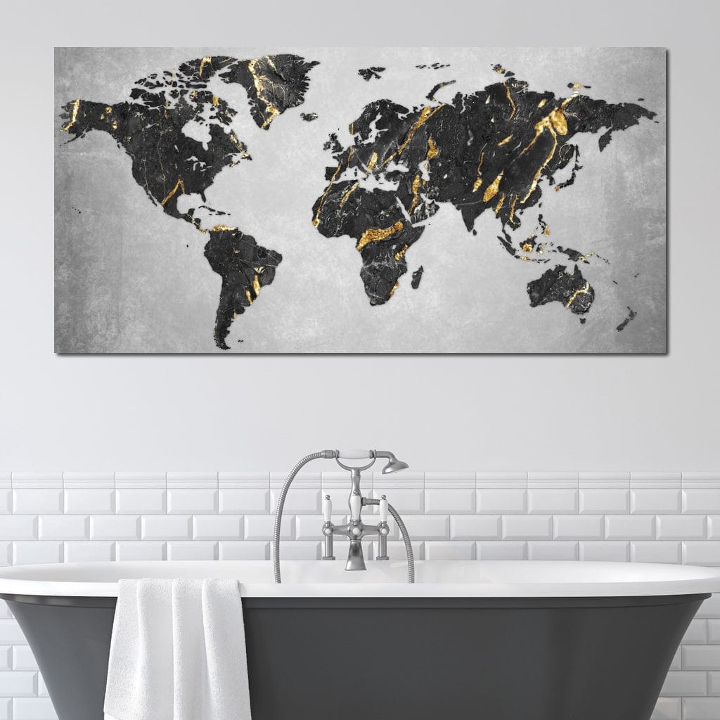 tablou canvas cu harta lumii stilizata in negru si auriu