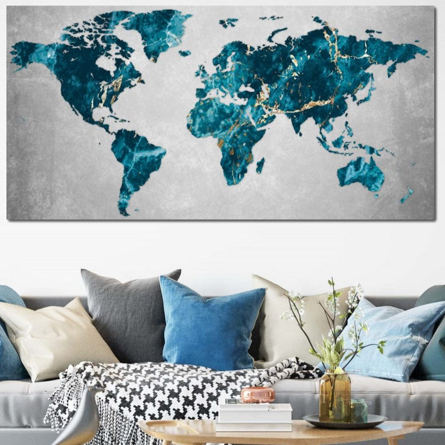 tablou canvas cu harta lumii in nuante de turcoaz si auriu cu aspect de marmura