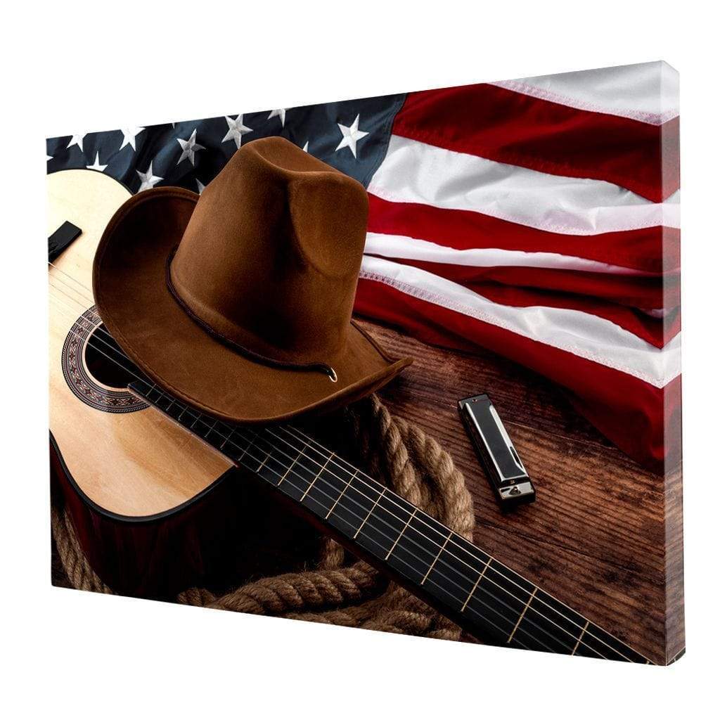 tablou canvas cu o palarie de cowboy, o chitara, o muzicuta si steagul Americii