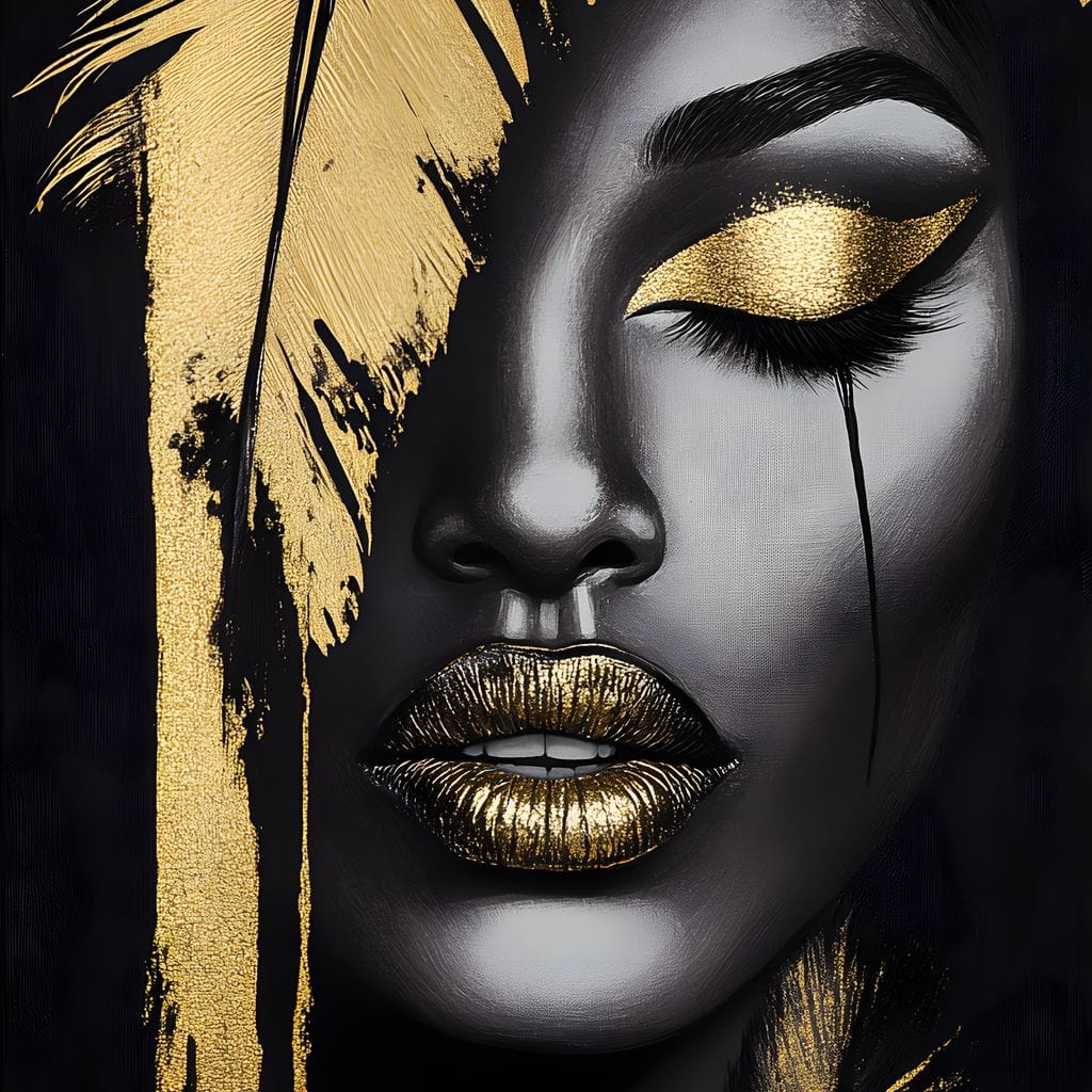 Tablou Canvas Premium, LuxCanva® G1150, Lacrima Unei Zeite, Auriu, Tacere, Liniste, Inger, Pana, Noapte, Intuneric, Frumusete, Regina, Buze, Sarut, Salon, Birou, Living, Dormitor