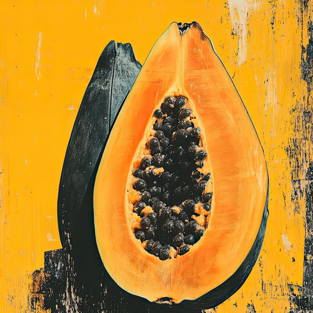 tablou canvas cu un papaya taiat in jumatati si pictat in nuante calde pe fundal galben-portocaliu in stil urban
