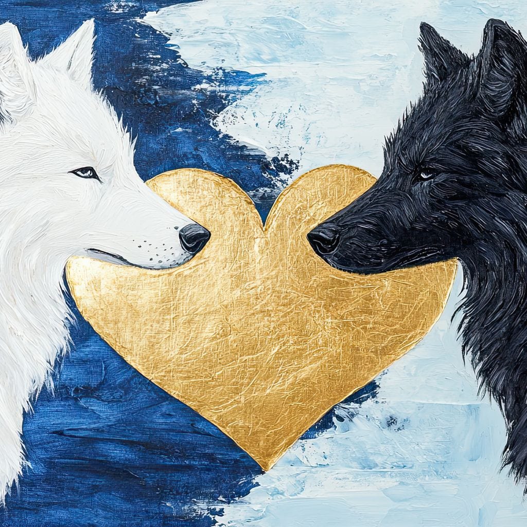 tablou canvas cu un lup alb si unul negru, pictati pe fundal in nuante de albastru si o forma de inima aurie