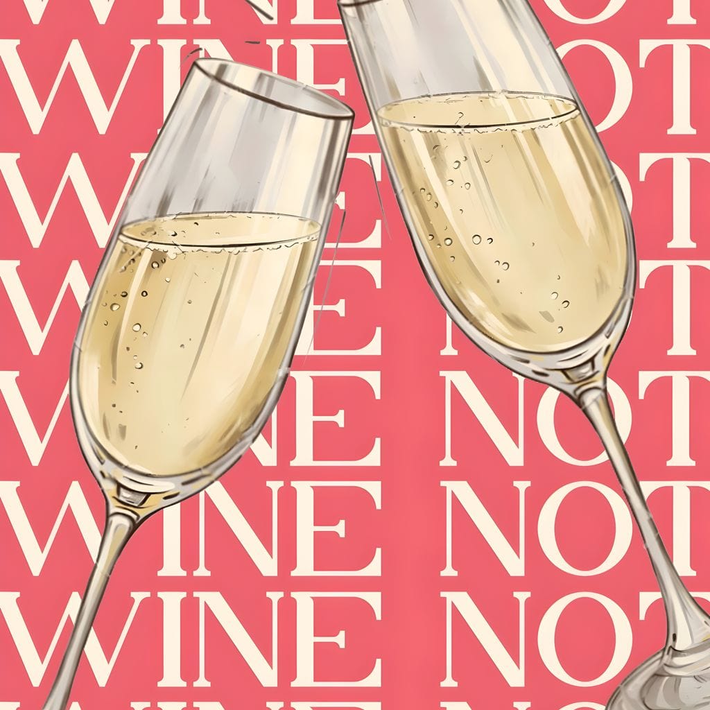 tablou canvas cu doua pahare de sampanie, pe fundal roz cu text alb