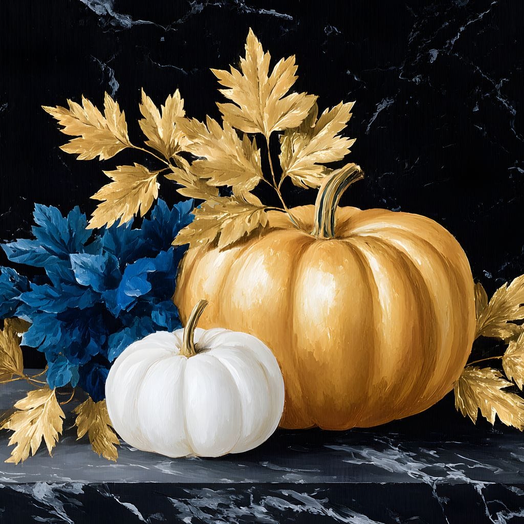 tablou canvas cu un dovleac alb si unul auriu, cu frunze albastre si aurii pe fundal negru tip marmura