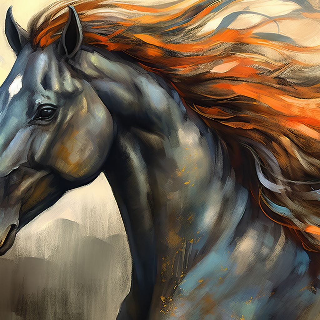 tablou canvas cu un cal pictat in nuante de negru si portocaliu pe fundal abstract bej