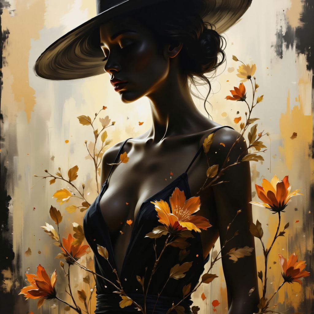 Tablou Canvas Premium, LuxCanva® G1170, Silueta de Rugina, Lady, Palarie, Rochie, Negru, Flori, Toamna, Dramatic, Silueta, Petale, Auriu, Romantism, Baroc, Boem, Poetic, Birou, Living, Dormitor