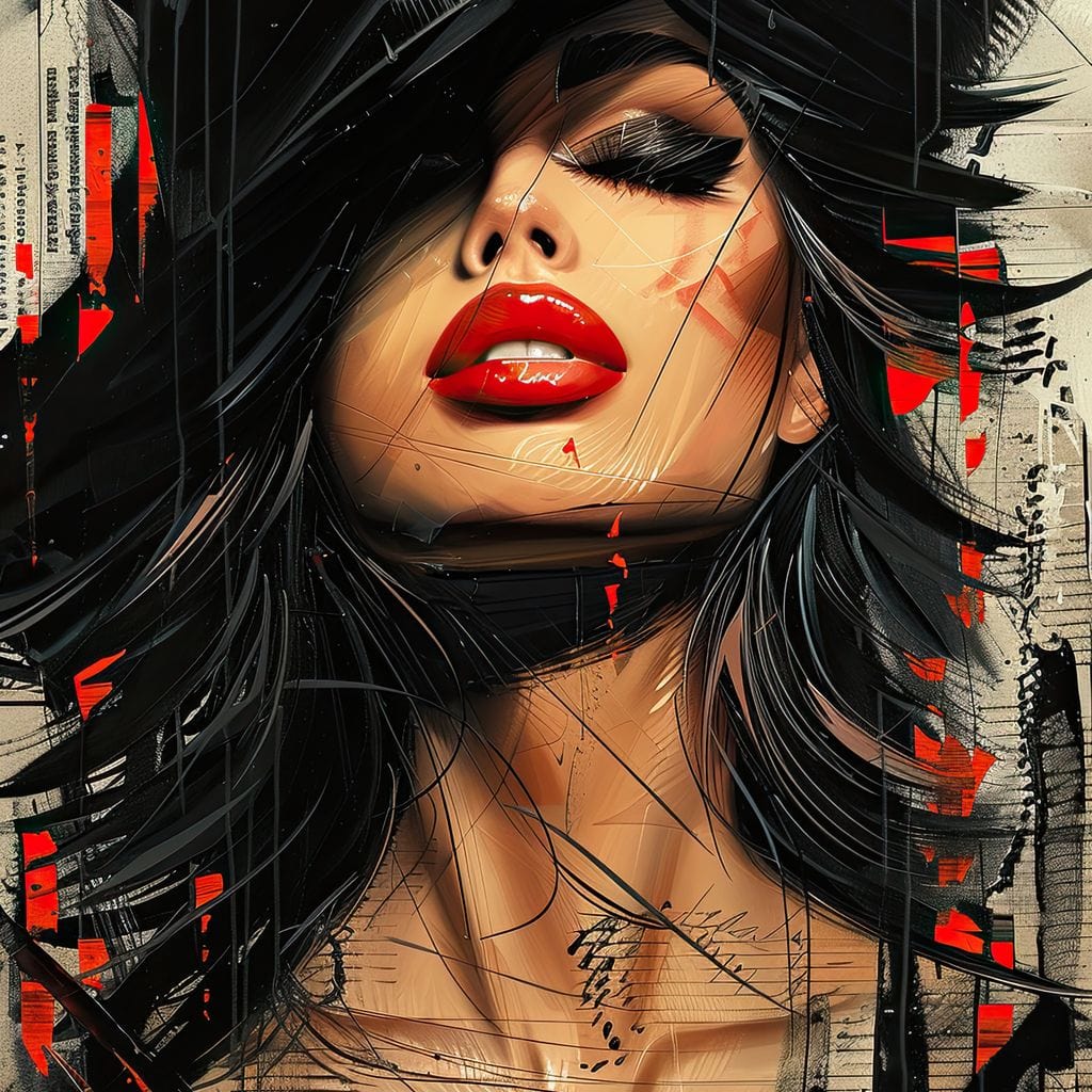 Tablou Canvas Premium, LuxCanva® G1101, Privirea de Catifea, Red, Lips, Privire, Pasiune, Negru, Eleganta, Glam, Palarie, Accesoriu, Living, Dormitor